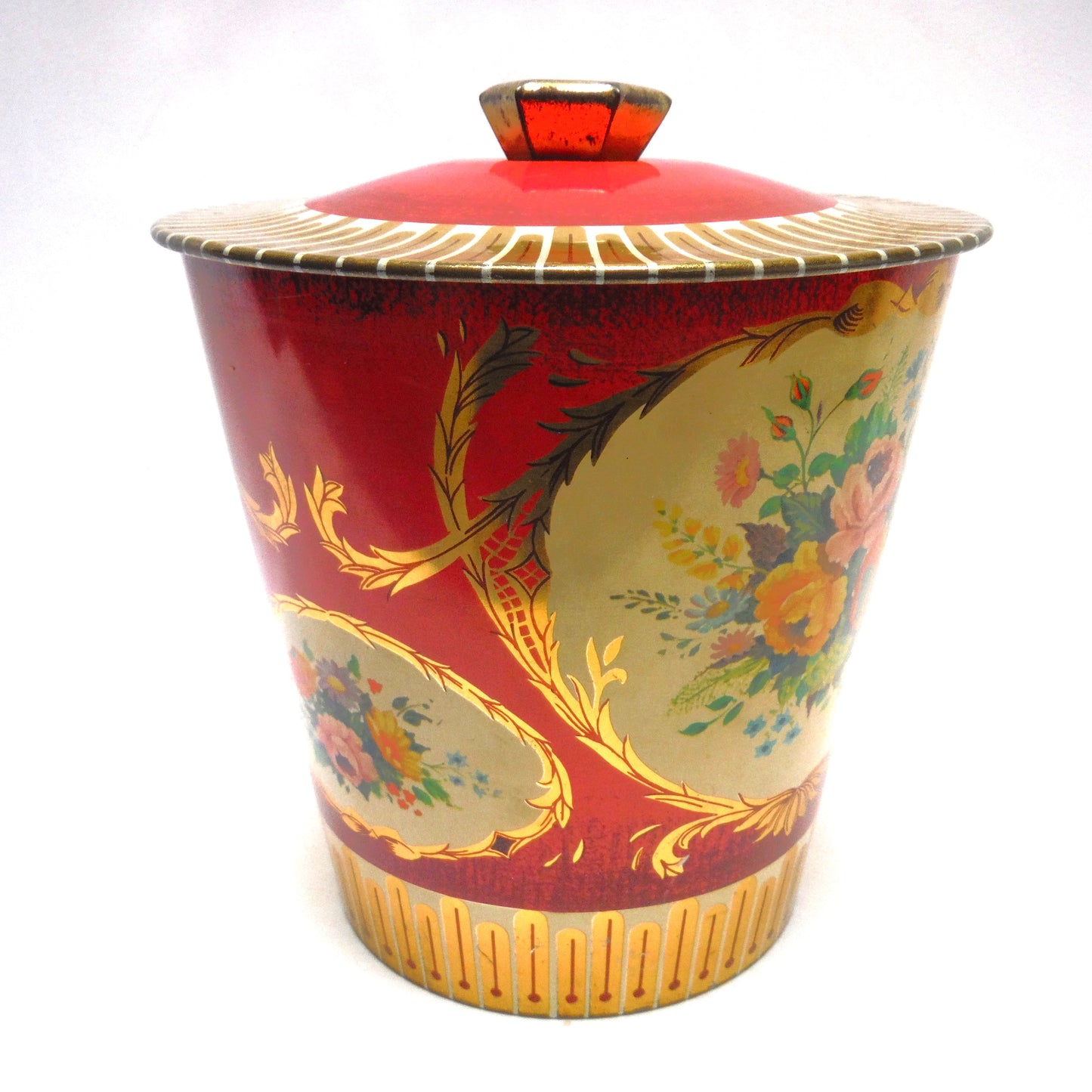 Antique Large Removable Lid FLOWERED TEA CADDY TIN CONTAINER, Made in England