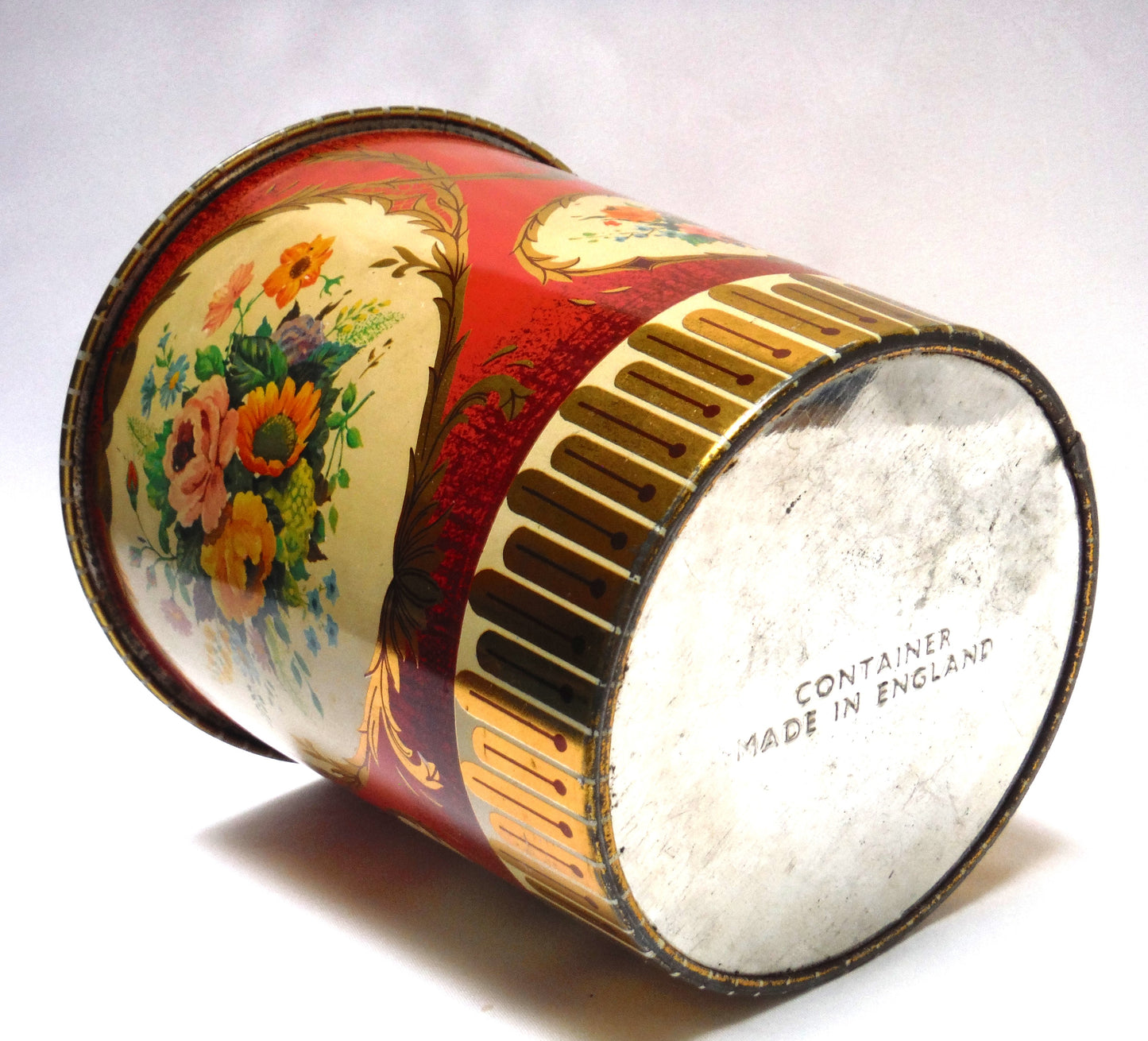Antique Large Removable Lid FLOWERED TEA CADDY TIN CONTAINER, Made in England