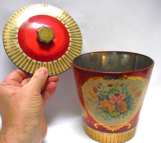 Antique Large Removable Lid FLOWERED TEA CADDY TIN CONTAINER, Made in England