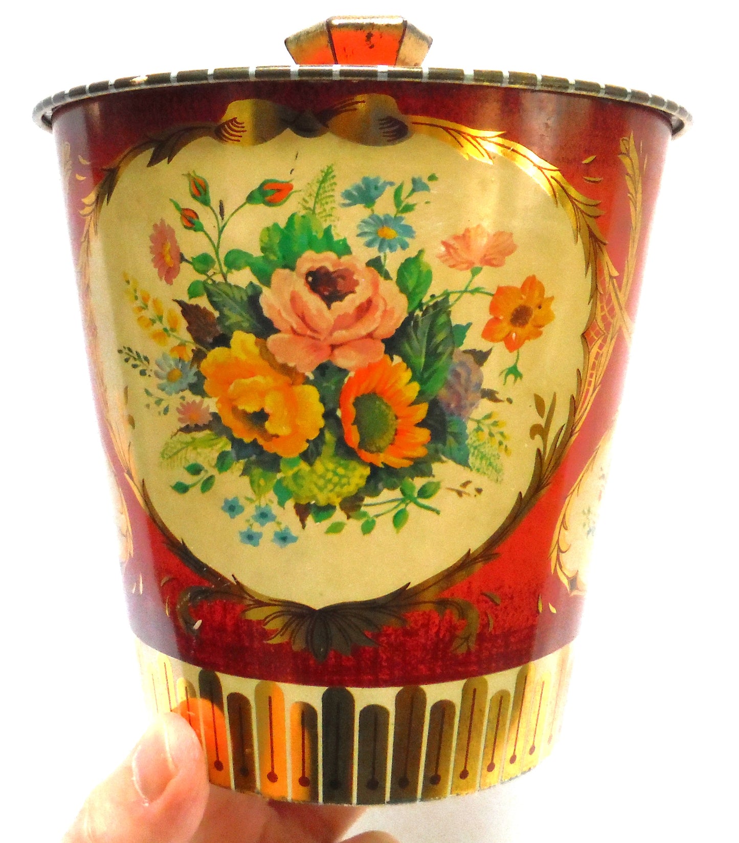 Antique Large Removable Lid FLOWERED TEA CADDY TIN CONTAINER, Made in England