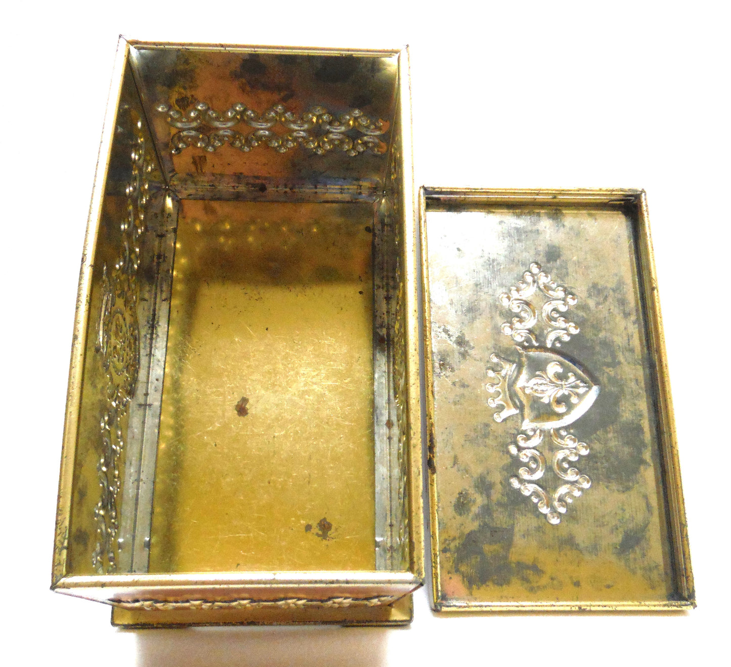 Vintage Ornate Blue Bird Style Tin Container: 'Faux-Leather French Royalty Chest'