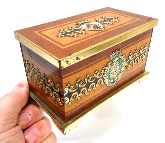 Vintage Ornate Blue Bird Style Tin Container: 'Faux-Leather French Royalty Chest'