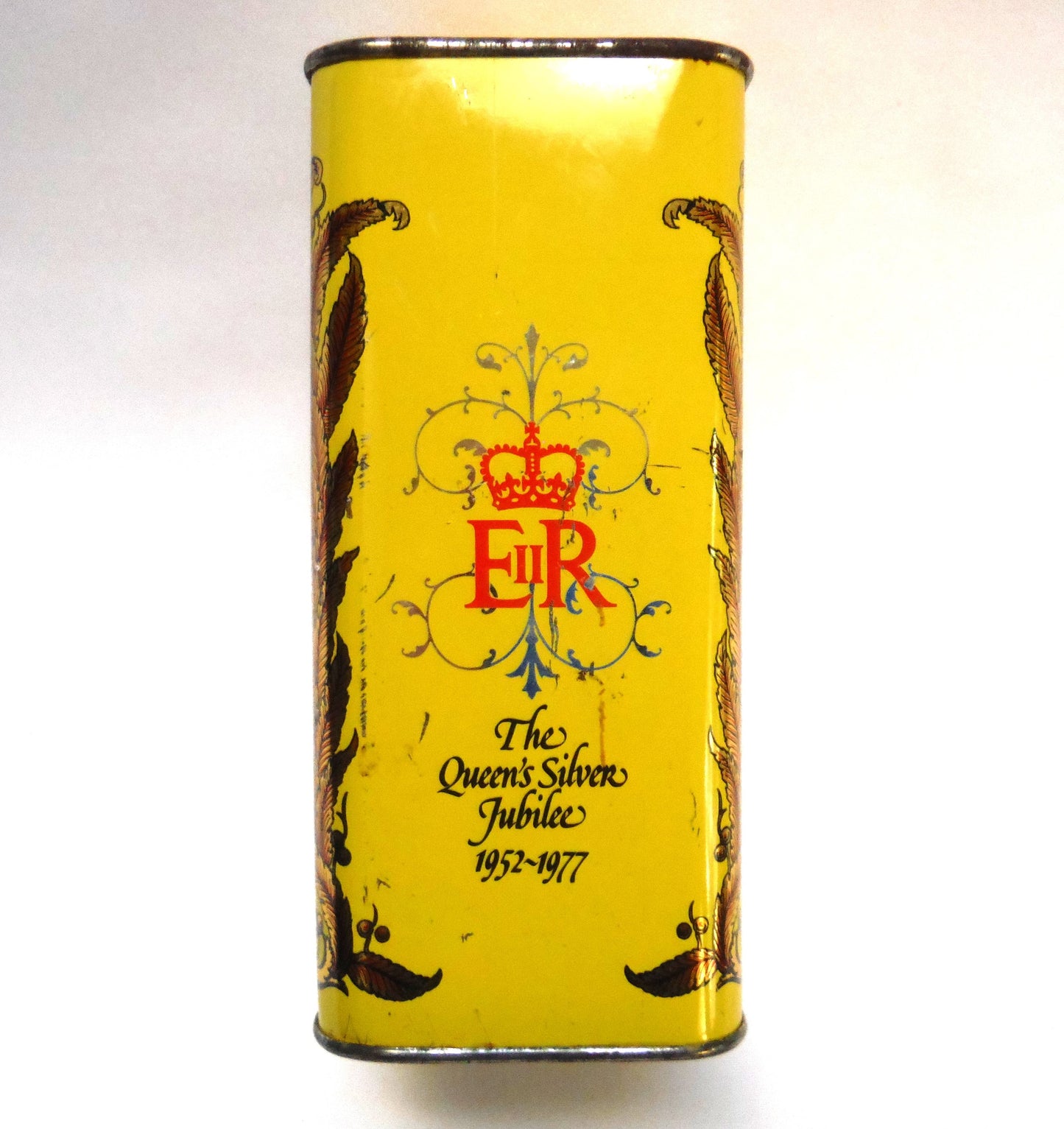 Vintage 1977 Colman's Mustard Yellow Tin Celebration Container: 'THE QUEEN'S SILVER JUBILEE 1952-1977'