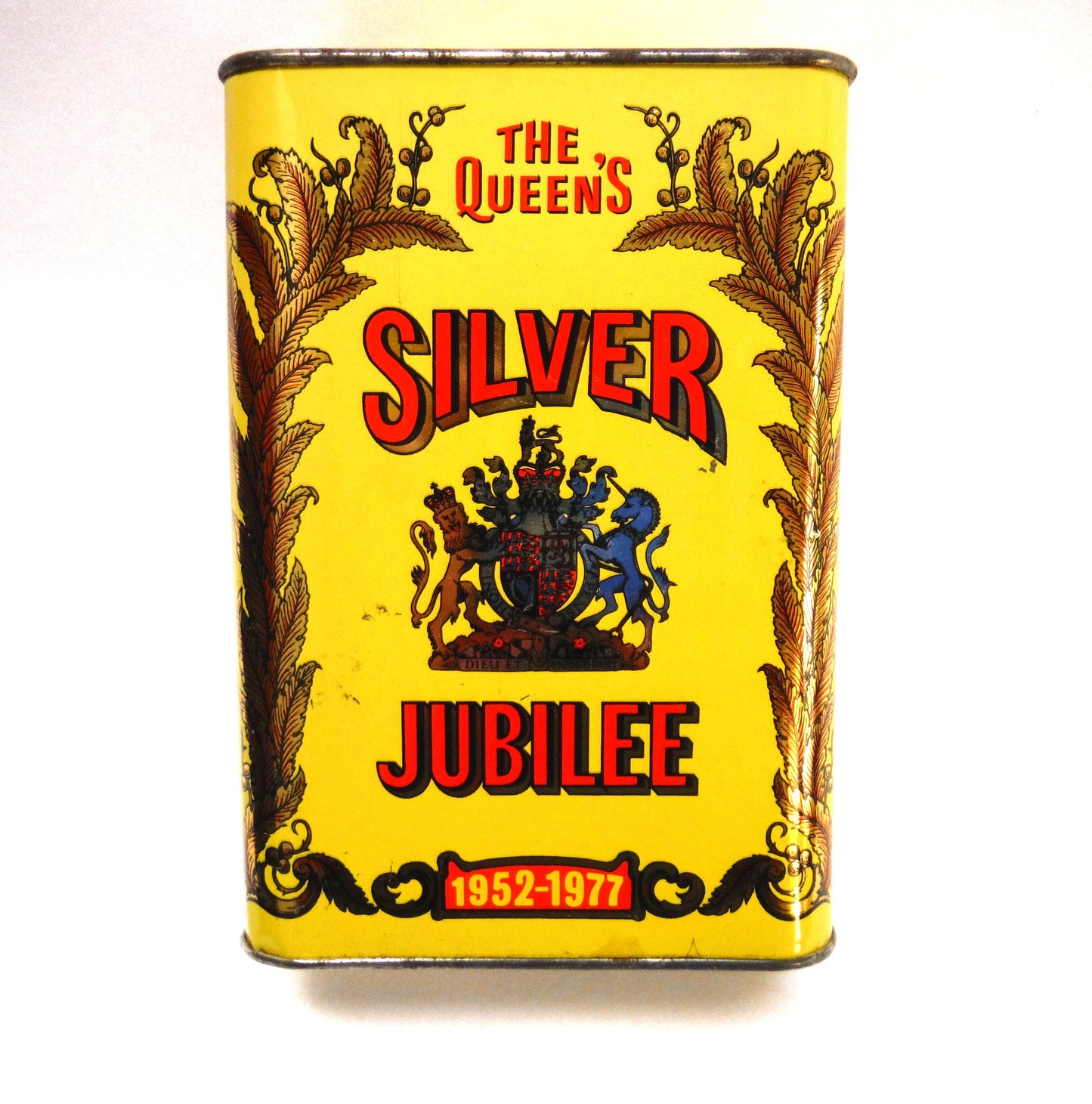 Vintage 1977 Colman's Mustard Yellow Tin Celebration Container: 'THE QUEEN'S SILVER JUBILEE 1952-1977'