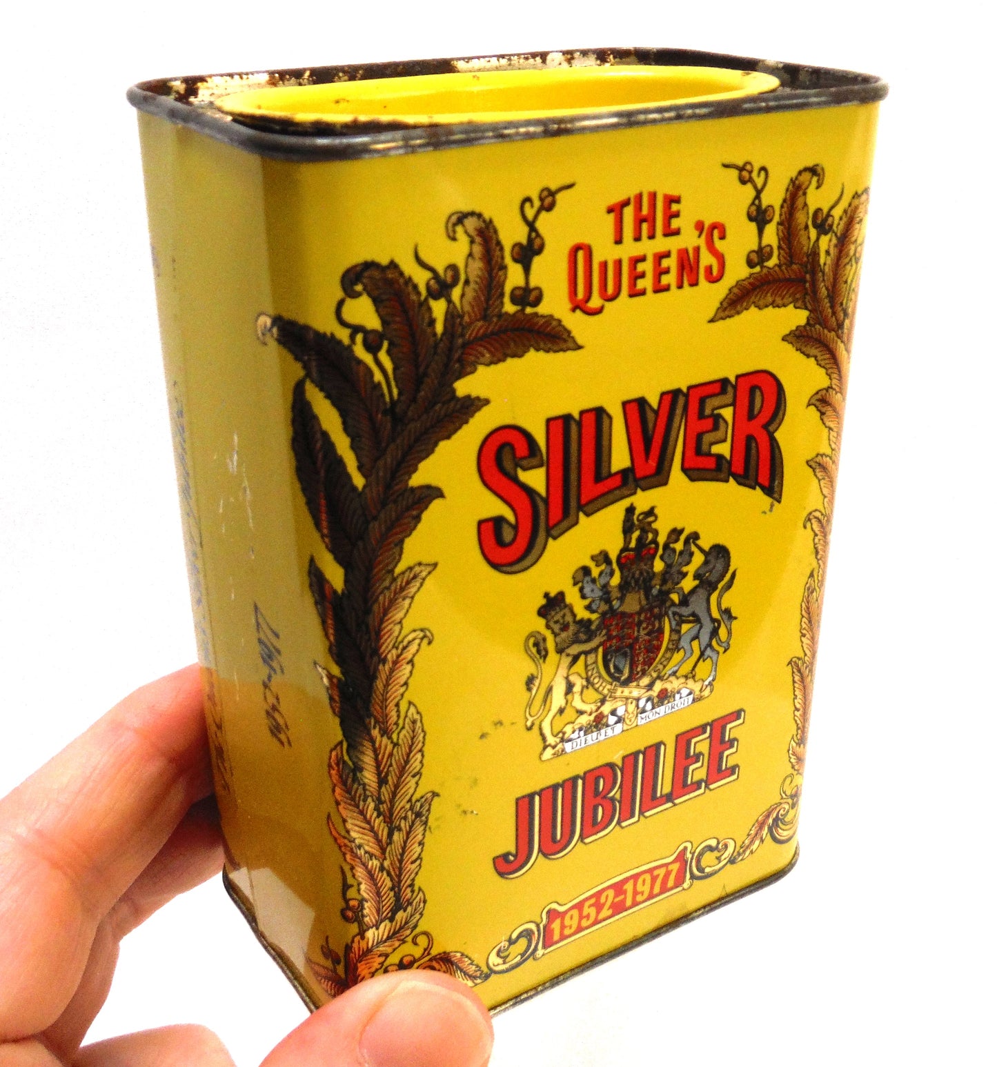 Vintage 1977 Colman's Mustard Yellow Tin Celebration Container: 'THE QUEEN'S SILVER JUBILEE 1952-1977'