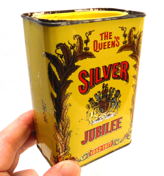Vintage 1977 Colman's Mustard Yellow Tin Celebration Container: 'THE QUEEN'S SILVER JUBILEE 1952-1977'