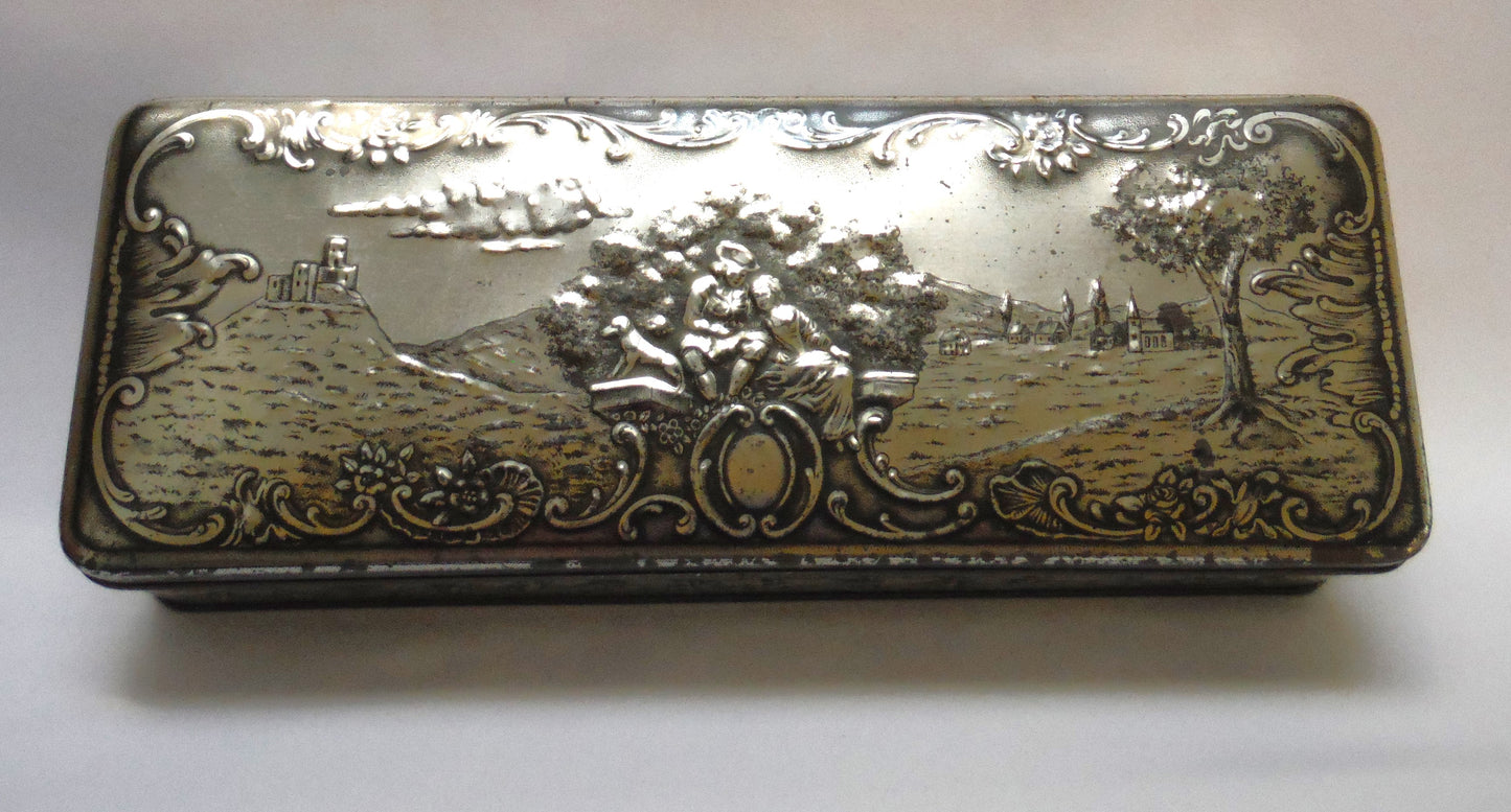 Vintage Bristow's Assorted Toffee Tin: 'COUPLE IN THE GARDEN WITH THEIR DOG, ROVER'