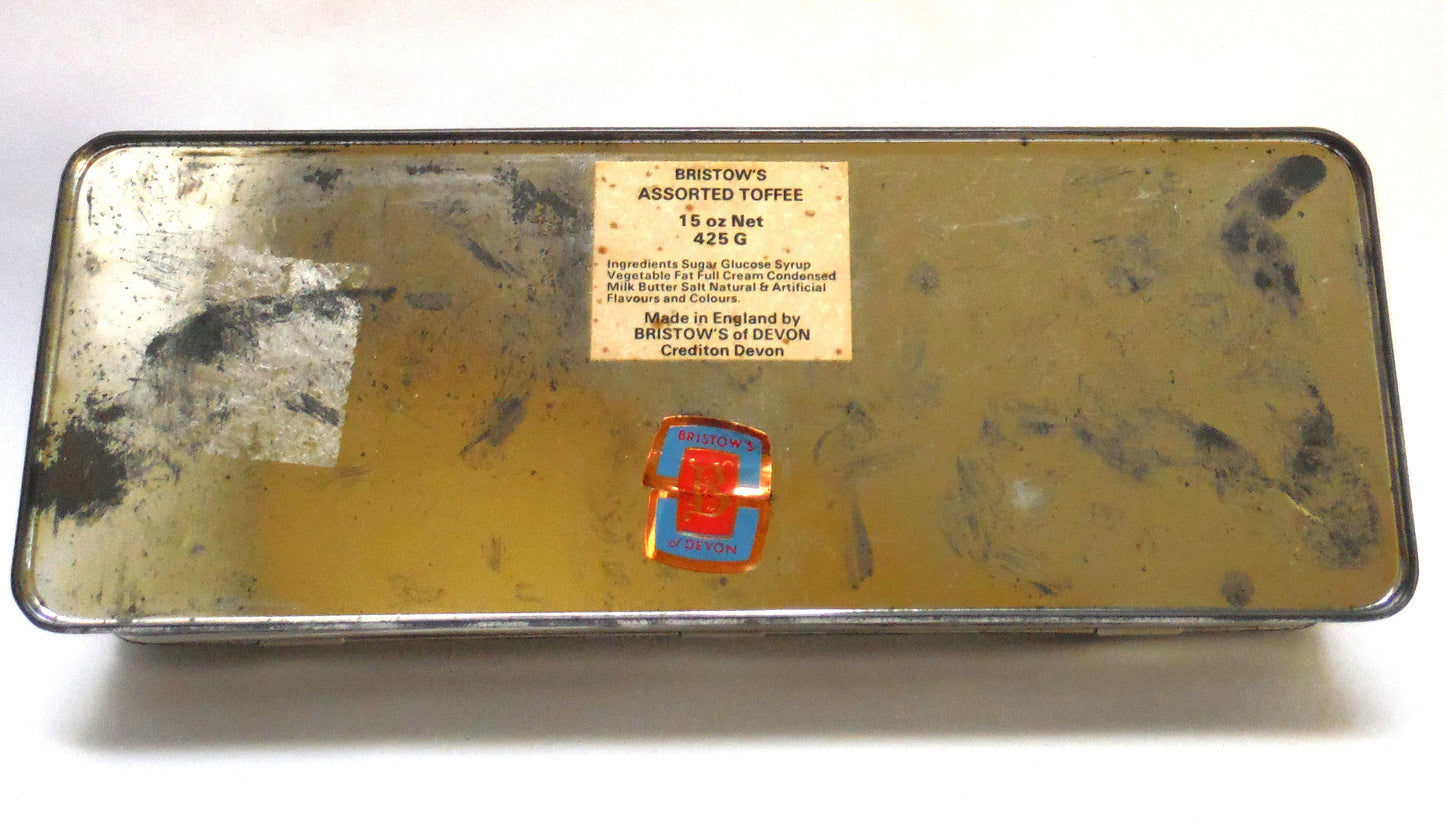 Vintage Bristow's Assorted Toffee Tin: 'COUPLE IN THE GARDEN WITH THEIR DOG, ROVER'