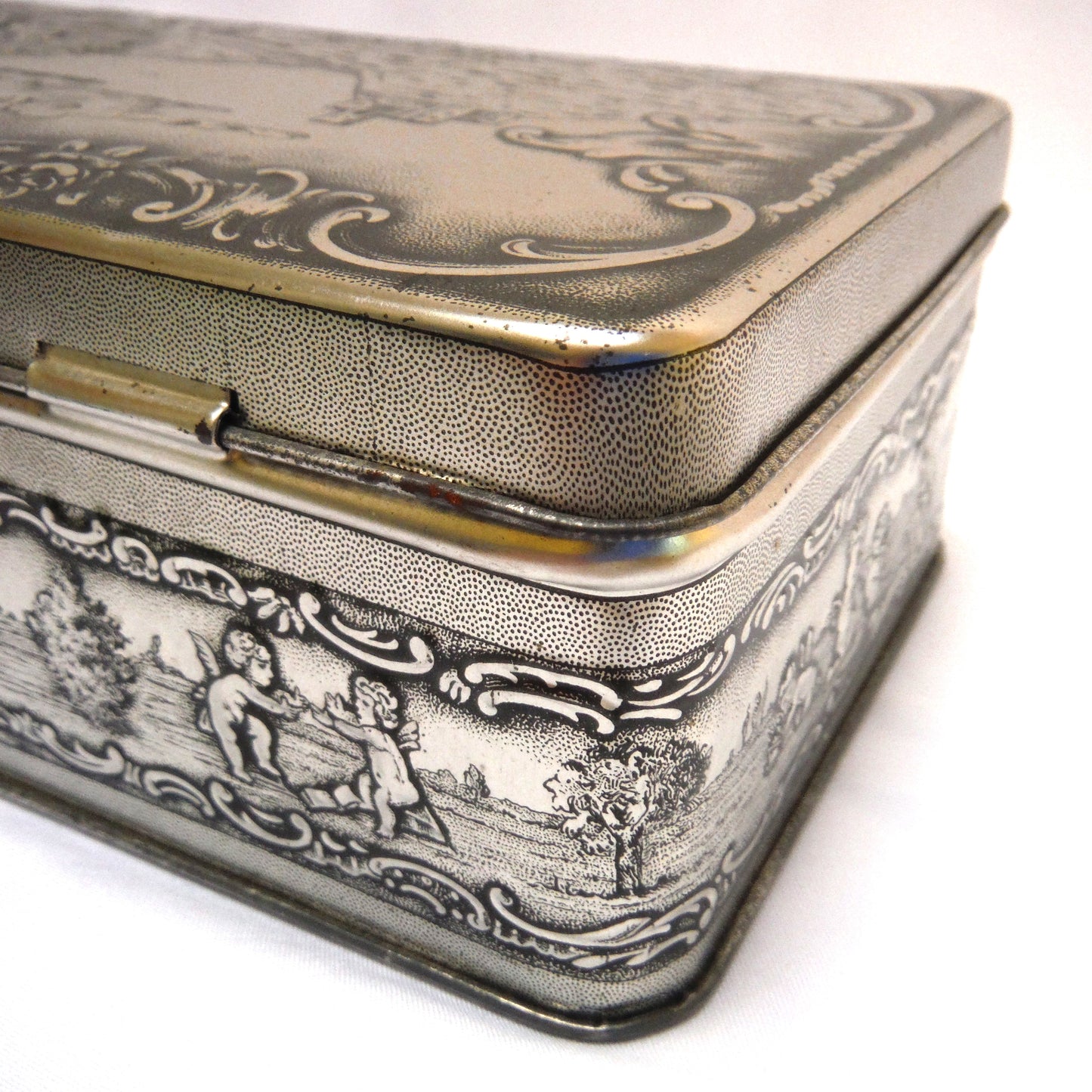 Vintage Bristow's Assorted Toffee Tin: 'COUPLE IN THE GARDEN WITH THEIR DOG, ROVER'