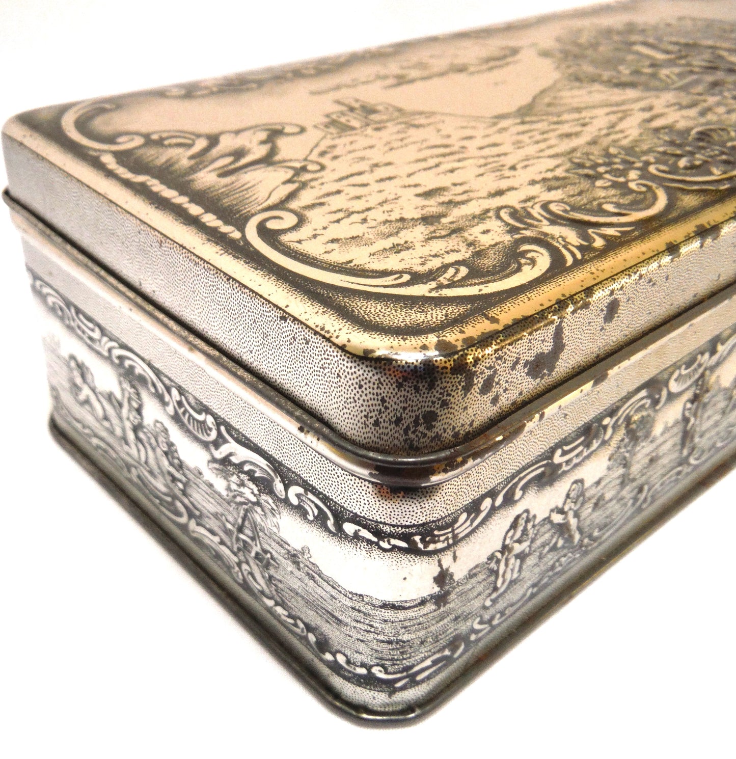 Vintage Bristow's Assorted Toffee Tin: 'COUPLE IN THE GARDEN WITH THEIR DOG, ROVER'