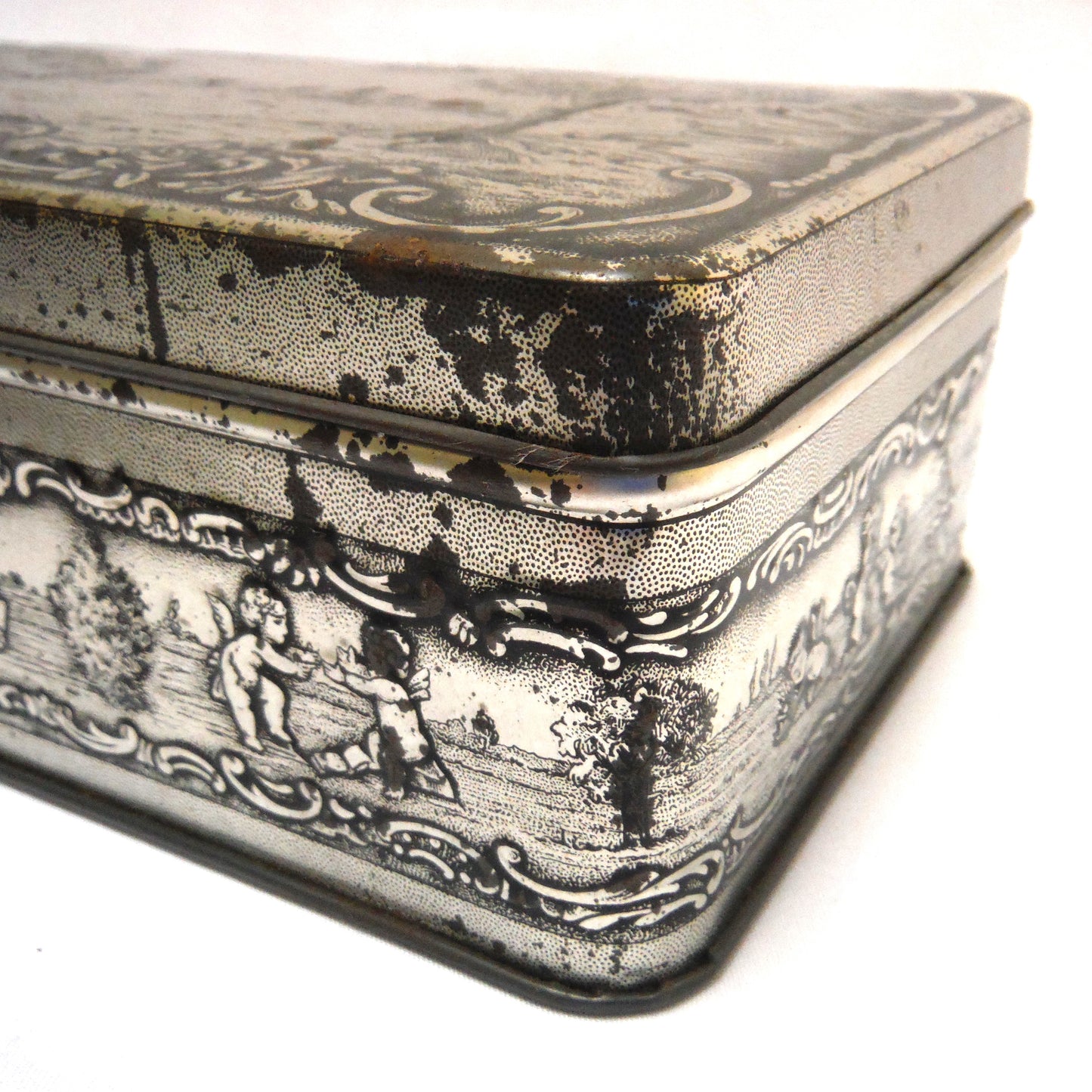 Vintage Bristow's Assorted Toffee Tin: 'COUPLE IN THE GARDEN WITH THEIR DOG, ROVER'