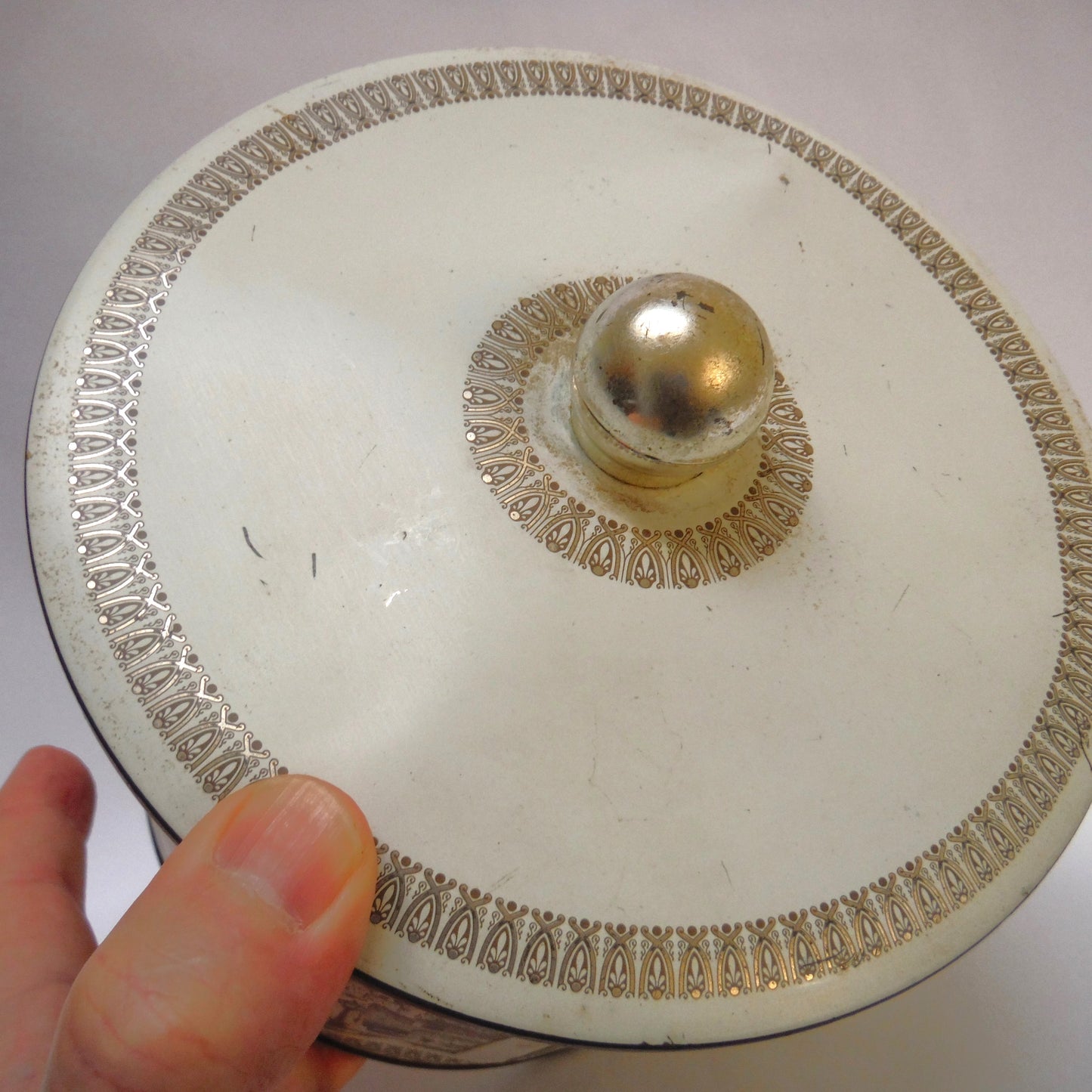 Large Vintage Biscuit Barrel Tin Can Container with Removable Top: 'Old English Village Landmarks'