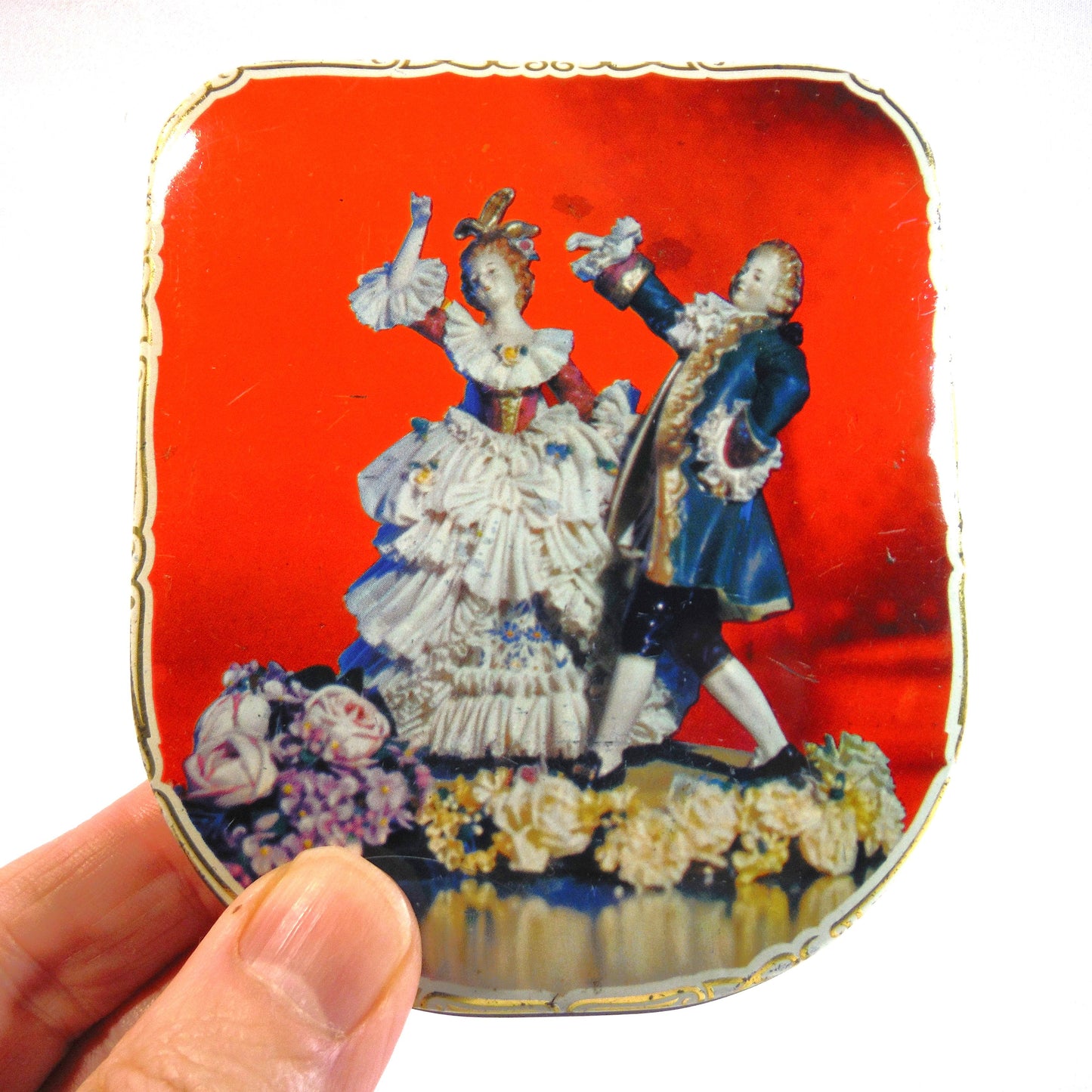Antique Rounded Pocket Tin: 'DISCO DANCING DUKE AND DUTCHESS'