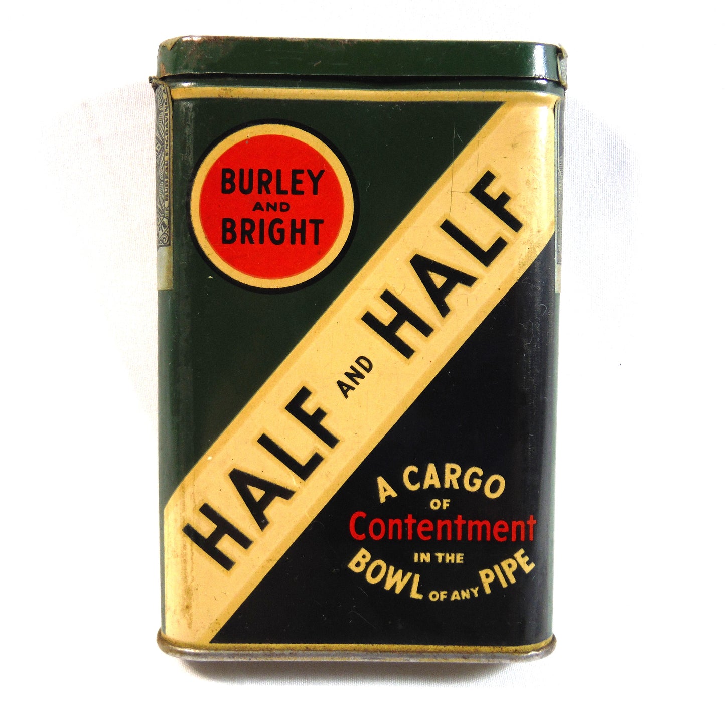 HALF and HALF Pocket Cigarette Tobacco Tin; 'BURLEY and BRIGHT', by the American Tobacco Company