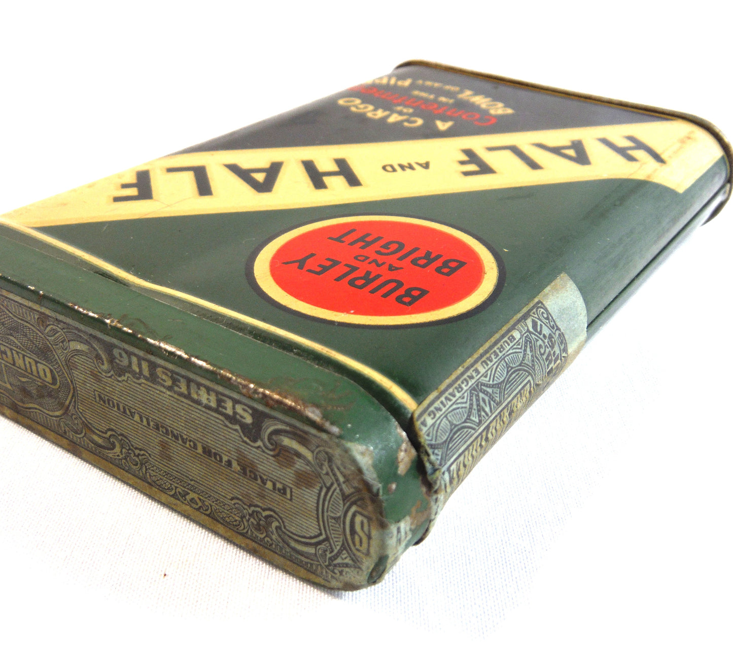 HALF and HALF Pocket Cigarette Tobacco Tin; 'BURLEY and BRIGHT', by the American Tobacco Company