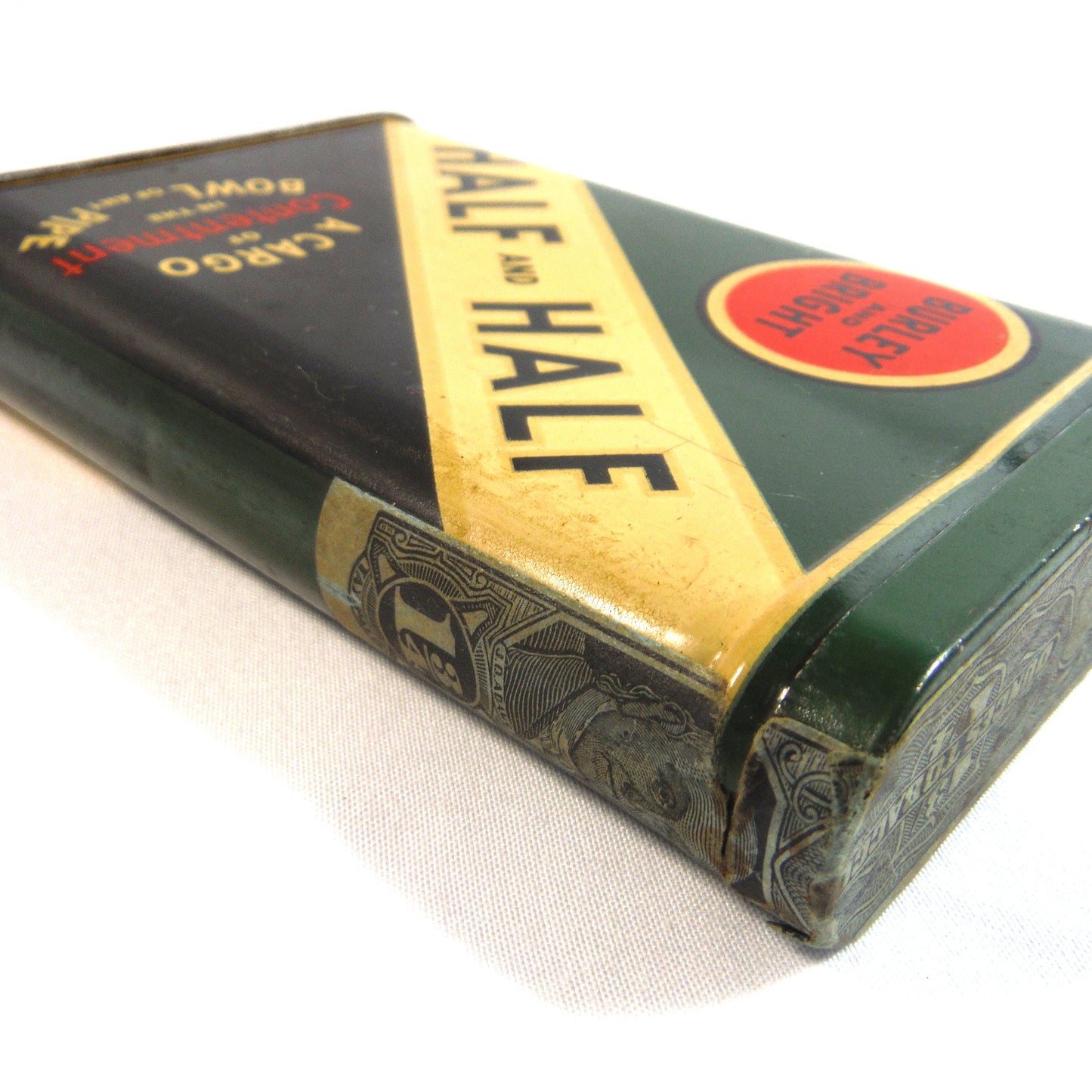HALF and HALF Pocket Cigarette Tobacco Tin; 'BURLEY and BRIGHT', by the American Tobacco Company
