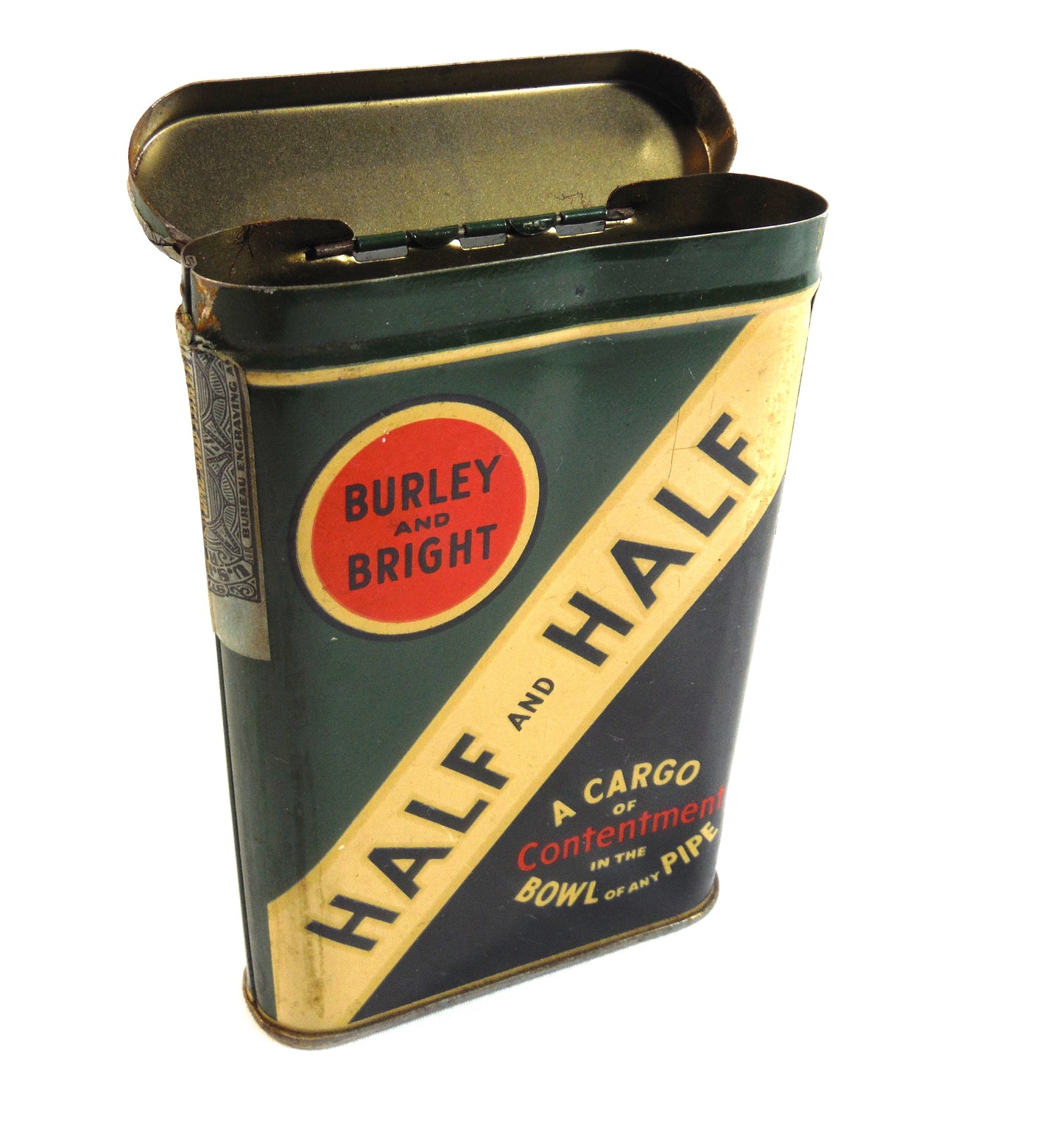 HALF and HALF Pocket Cigarette Tobacco Tin; 'BURLEY and BRIGHT', by the American Tobacco Company