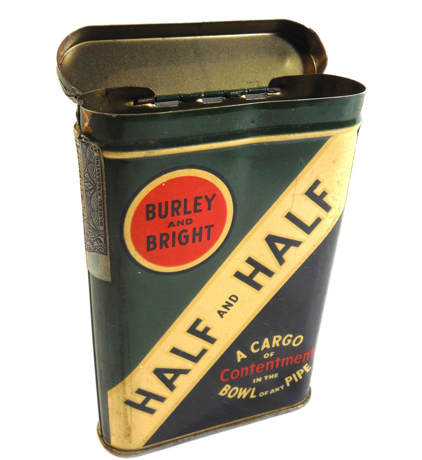 HALF and HALF Pocket Cigarette Tobacco Tin; 'BURLEY and BRIGHT', by the American Tobacco Company