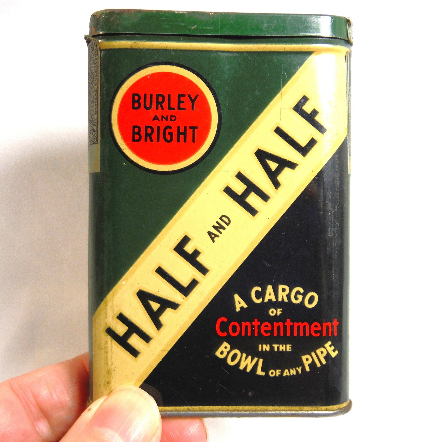 HALF and HALF Pocket Cigarette Tobacco Tin; 'BURLEY and BRIGHT', by the American Tobacco Company