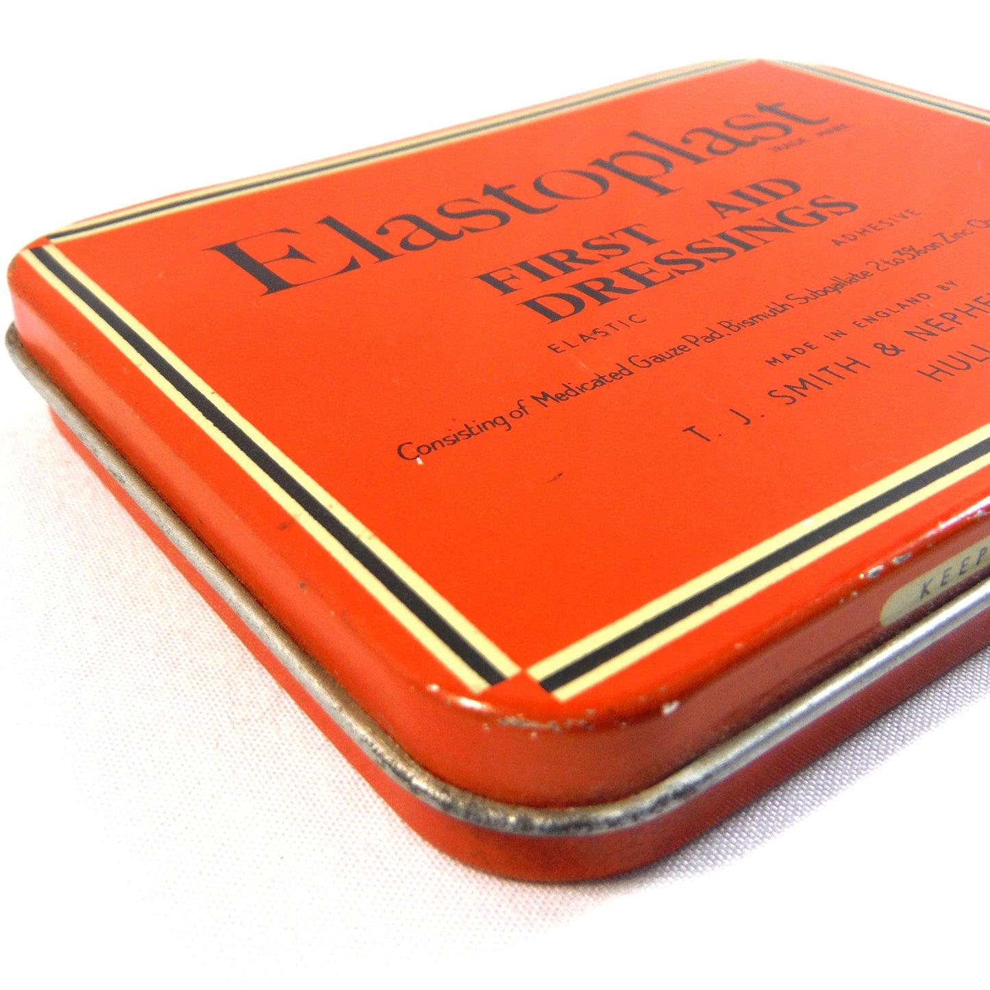 ELASTOPLAST: First Aid Dressings Antique Tin Can Container, English Only Cover!