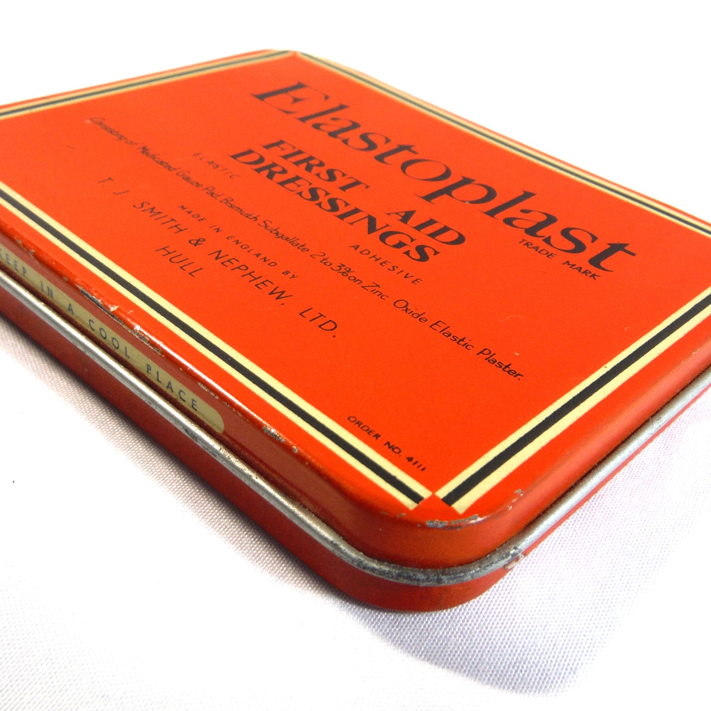 ELASTOPLAST: First Aid Dressings Antique Tin Can Container, English Only Cover!