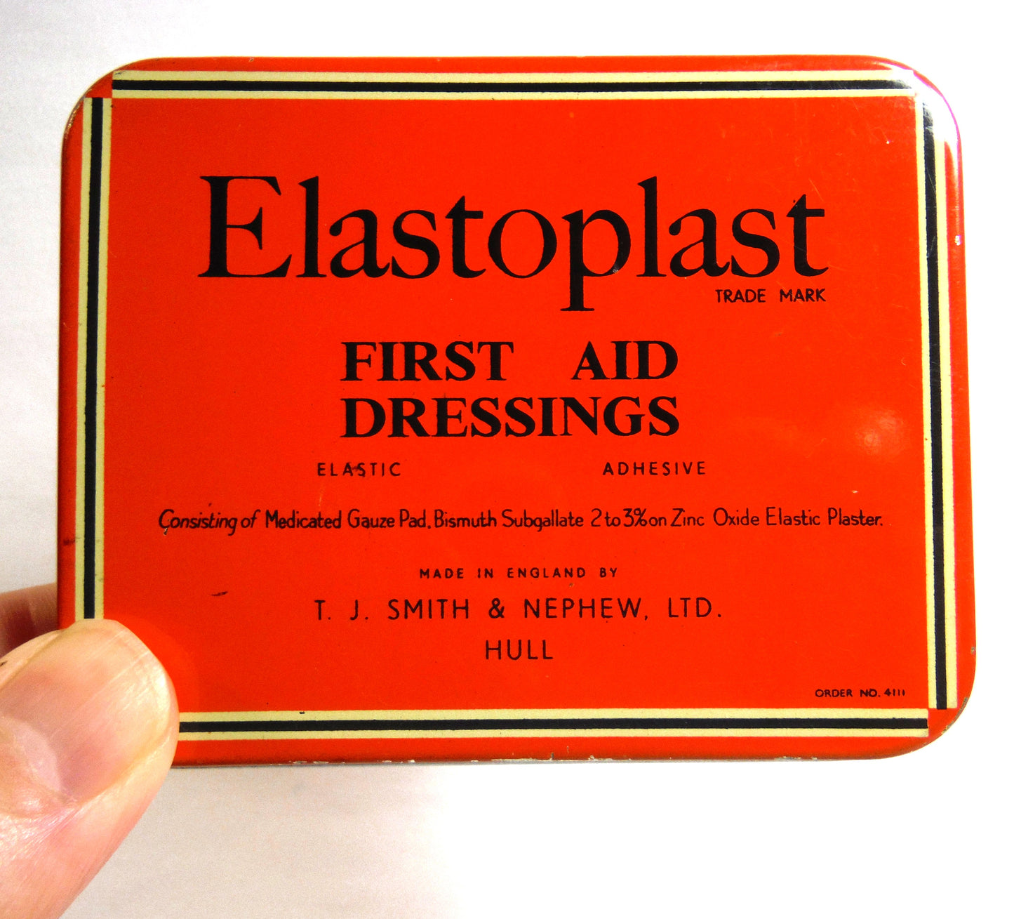 ELASTOPLAST: First Aid Dressings Antique Tin Can Container, English Only Cover!