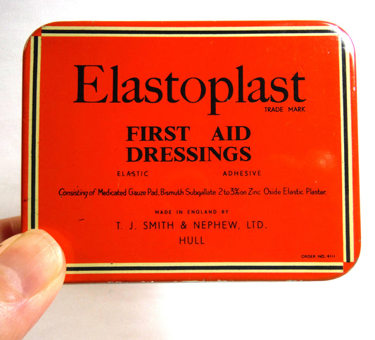 ELASTOPLAST: First Aid Dressings Antique Tin Can Container, English Only Cover!