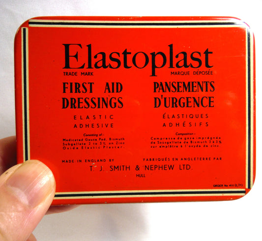 ELASTOPLAST: First Aid Dressings Antique Tin Can Container, BILINGUAL Cover!
