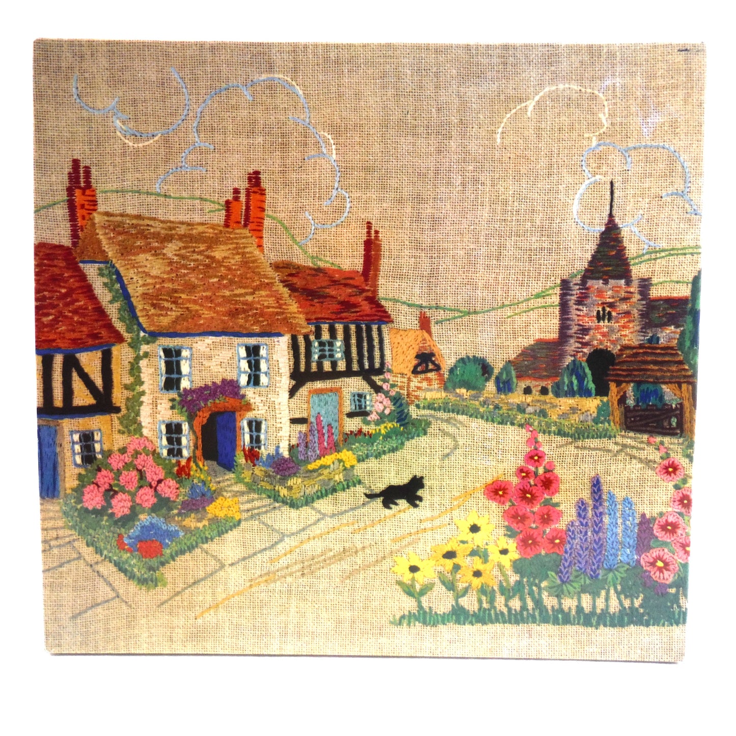 A Delightfully Old Vintage Tin Container: Black Cat Crosses the Road in an English Village Needlepoint Scene