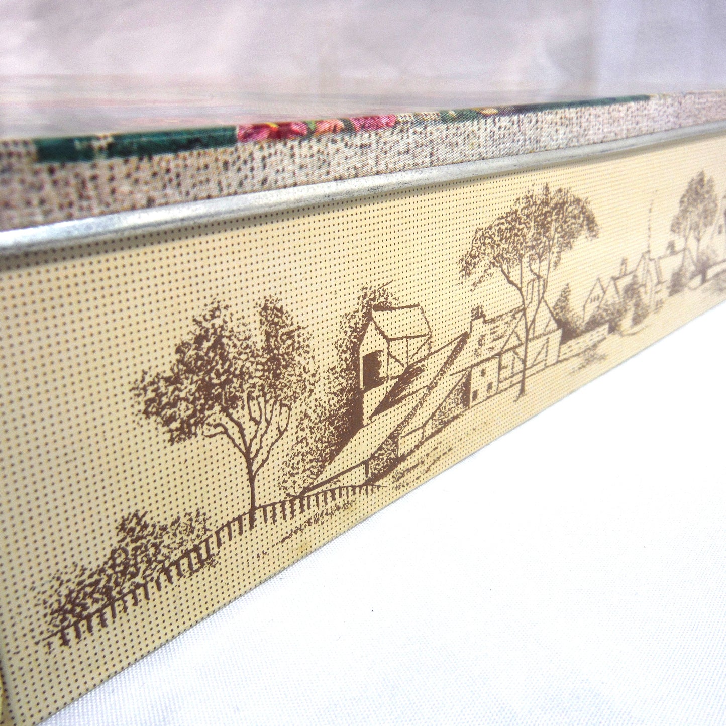 A Delightfully Old Vintage Tin Container: Black Cat Crosses the Road in an English Village Needlepoint Scene