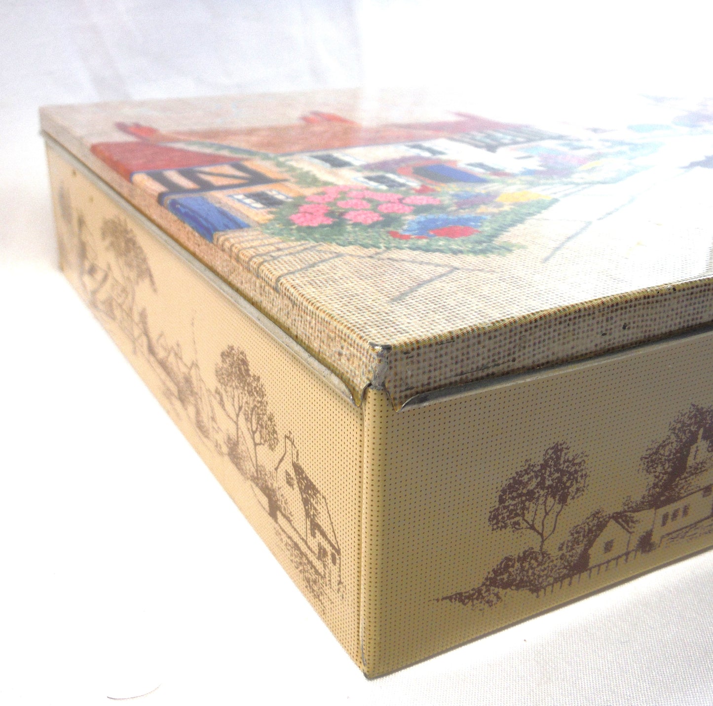 A Delightfully Old Vintage Tin Container: Black Cat Crosses the Road in an English Village Needlepoint Scene