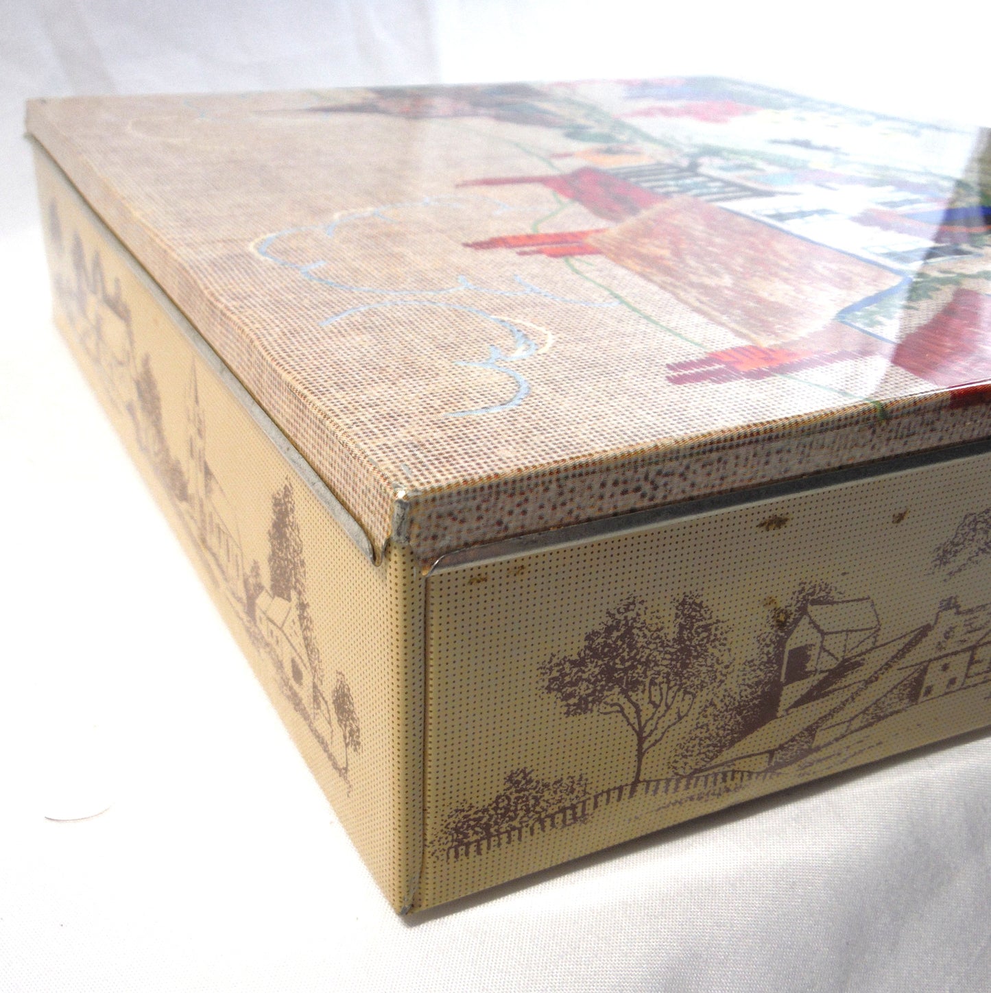 A Delightfully Old Vintage Tin Container: Black Cat Crosses the Road in an English Village Needlepoint Scene