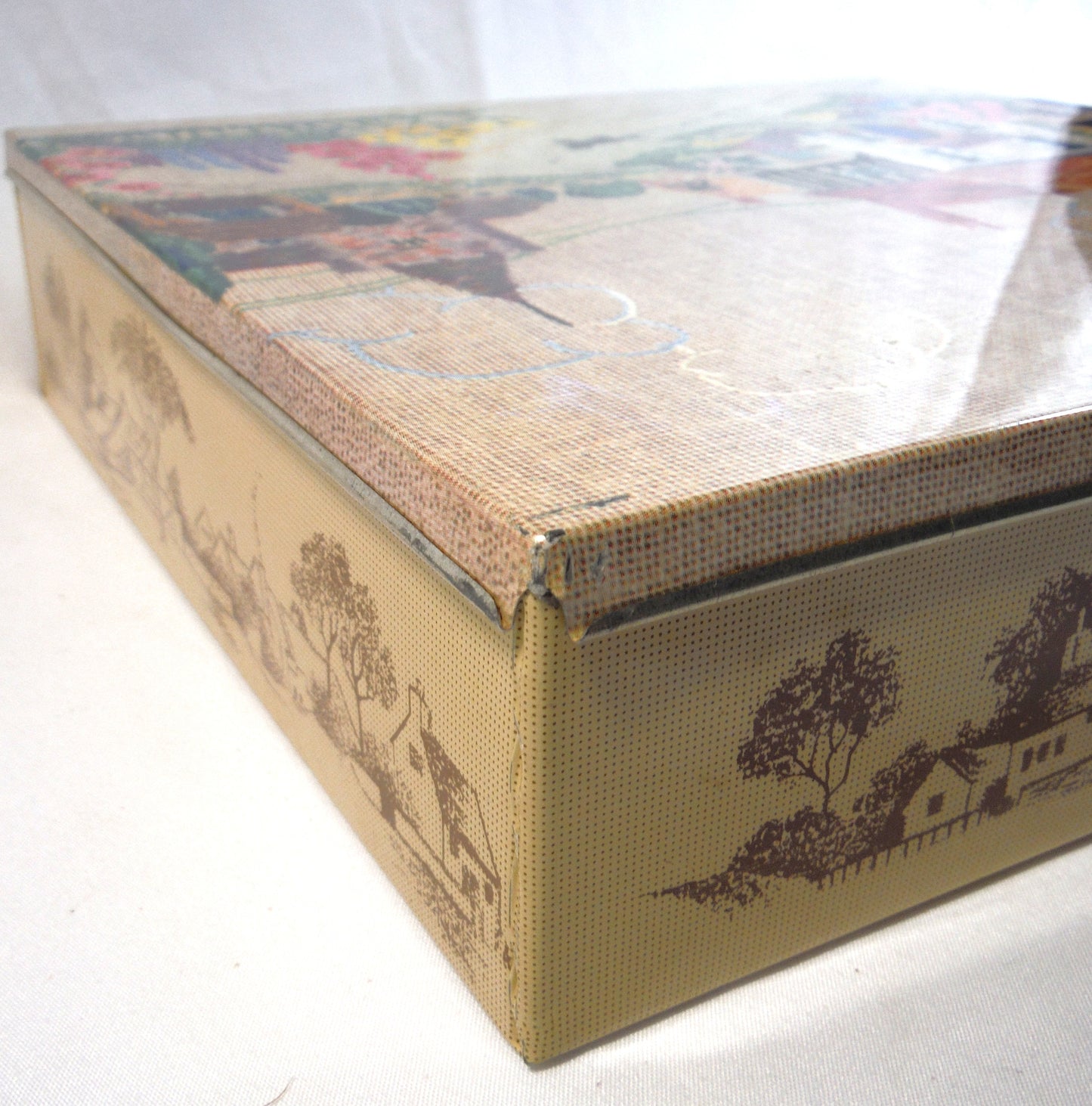 A Delightfully Old Vintage Tin Container: Black Cat Crosses the Road in an English Village Needlepoint Scene