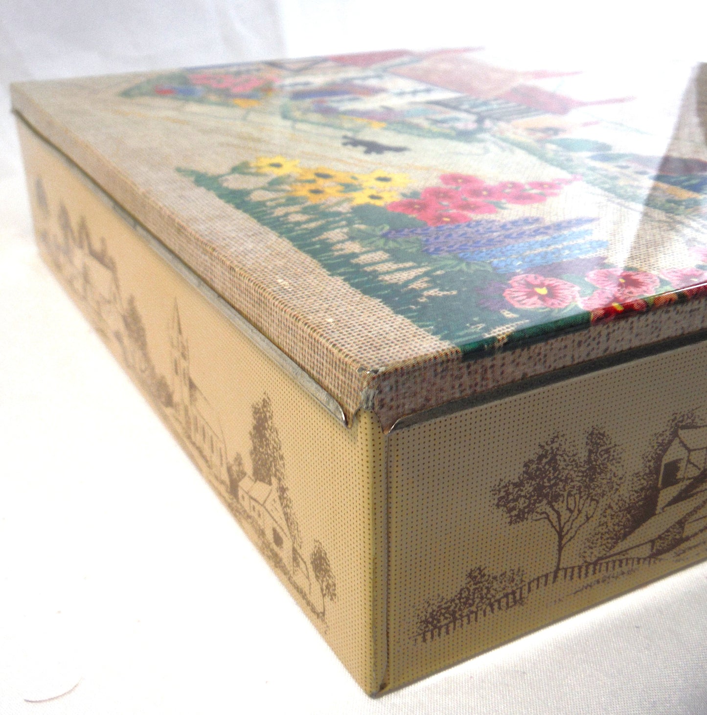 A Delightfully Old Vintage Tin Container: Black Cat Crosses the Road in an English Village Needlepoint Scene