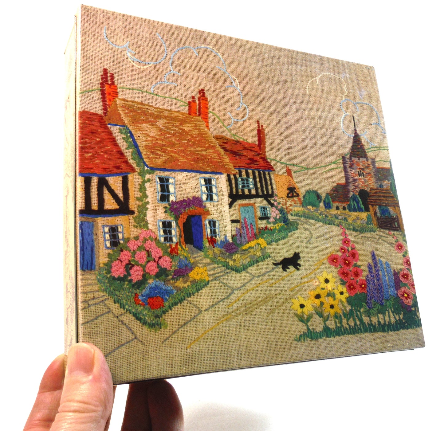 A Delightfully Old Vintage Tin Container: Black Cat Crosses the Road in an English Village Needlepoint Scene