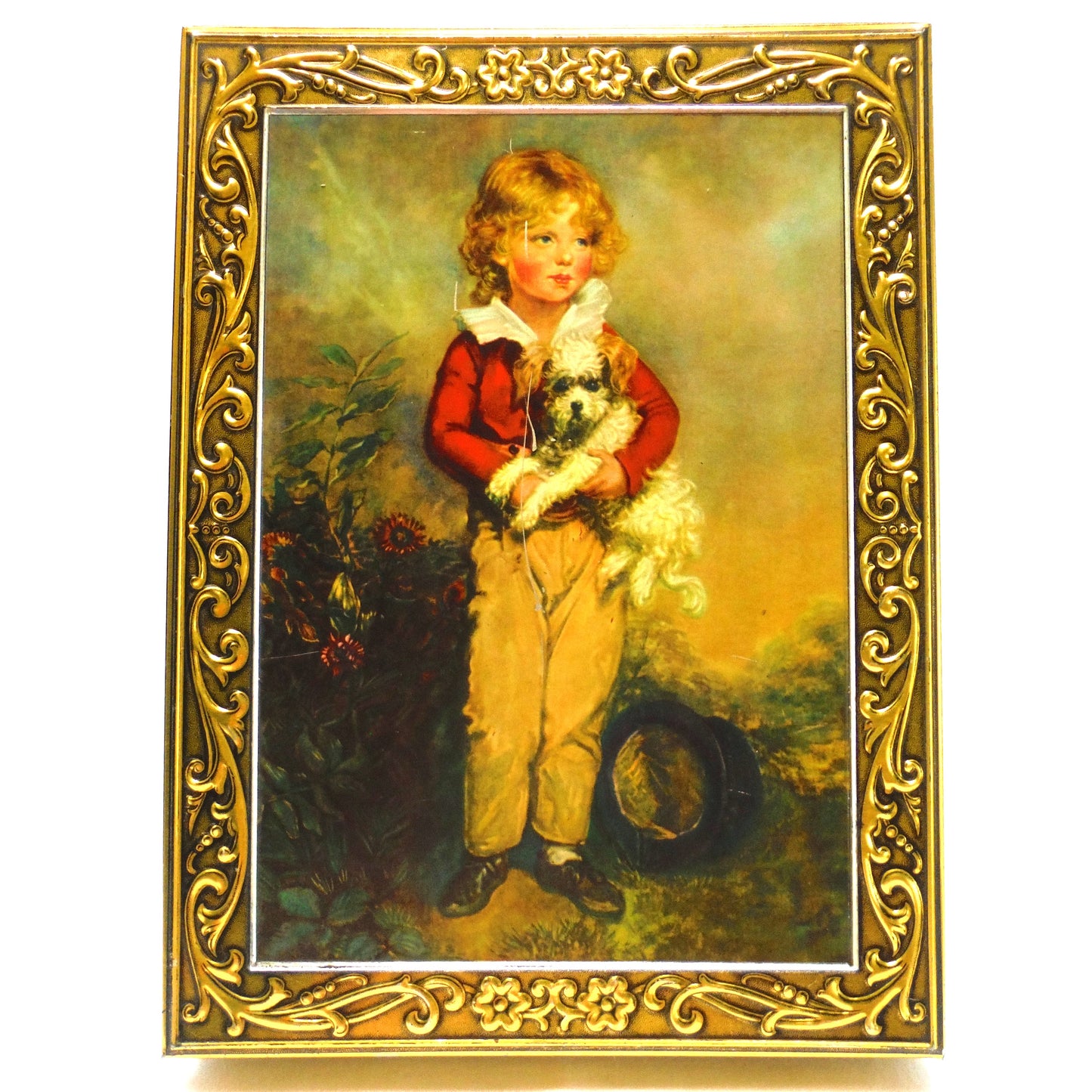 Large Book-Style Antique Portrait Tin Container of Master Simpson, by Arthur William Devis: 'LITTLE BLOND BOY AND PUPPY'