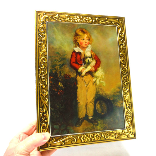 Large Book-Style Antique Portrait Tin Container of Master Simpson, by Arthur William Devis: 'LITTLE BLOND BOY AND PUPPY'