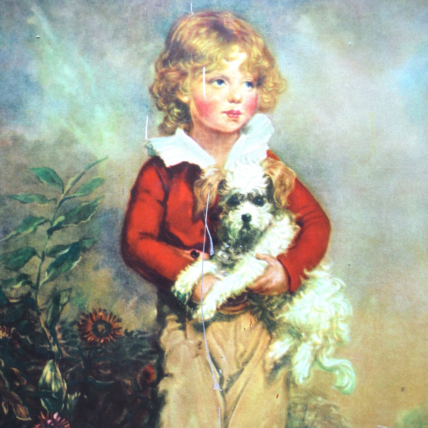 Large Book-Style Antique Portrait Tin Container of Master Simpson, by Arthur William Devis: 'LITTLE BLOND BOY AND PUPPY'