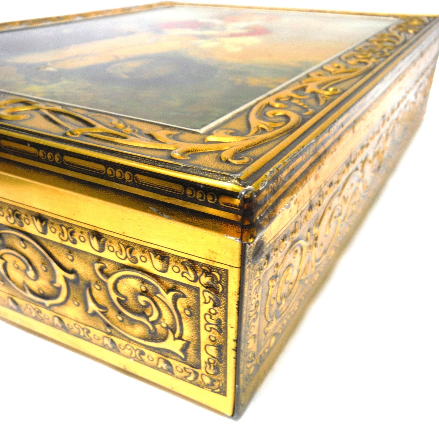Large Book-Style Antique Portrait Tin Container of Master Simpson, by Arthur William Devis: 'LITTLE BLOND BOY AND PUPPY'