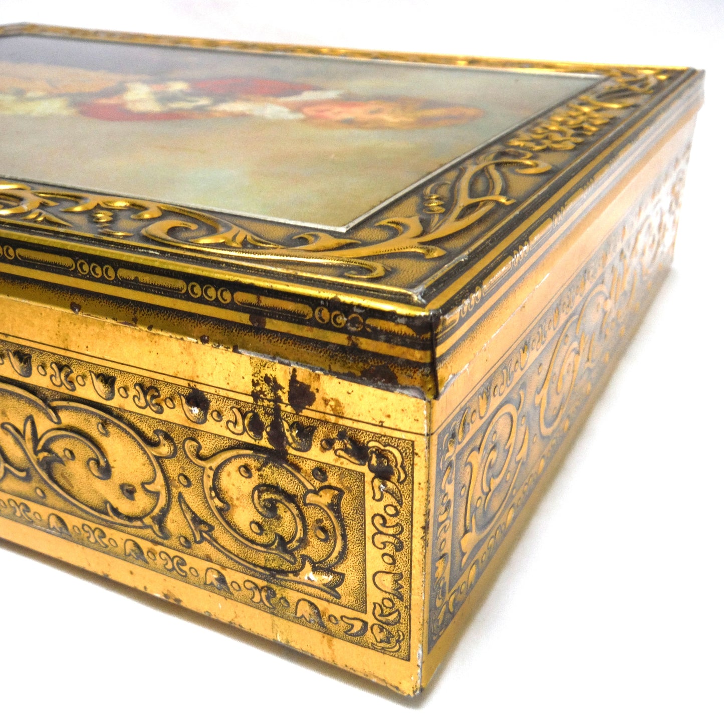 Large Book-Style Antique Portrait Tin Container of Master Simpson, by Arthur William Devis: 'LITTLE BLOND BOY AND PUPPY'