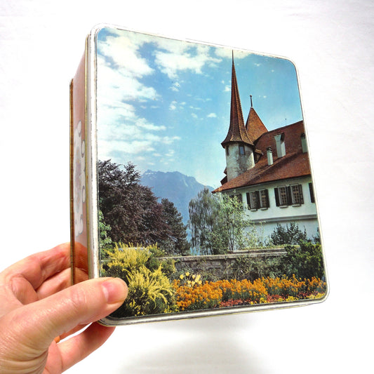 Vintage Square Photographic Tin Container:' EUROPEAN SWISS SPIEZ CASTLE', by Gray Dunn Biscuit Manufacturers of Scotland