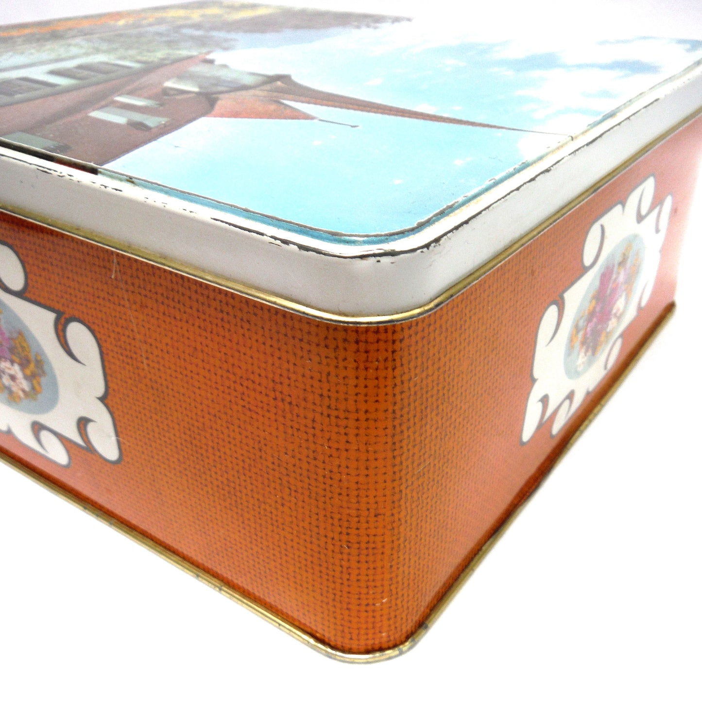 Vintage Square Photographic Tin Container:' EUROPEAN SWISS SPIEZ CASTLE', by Gray Dunn Biscuit Manufacturers of Scotland