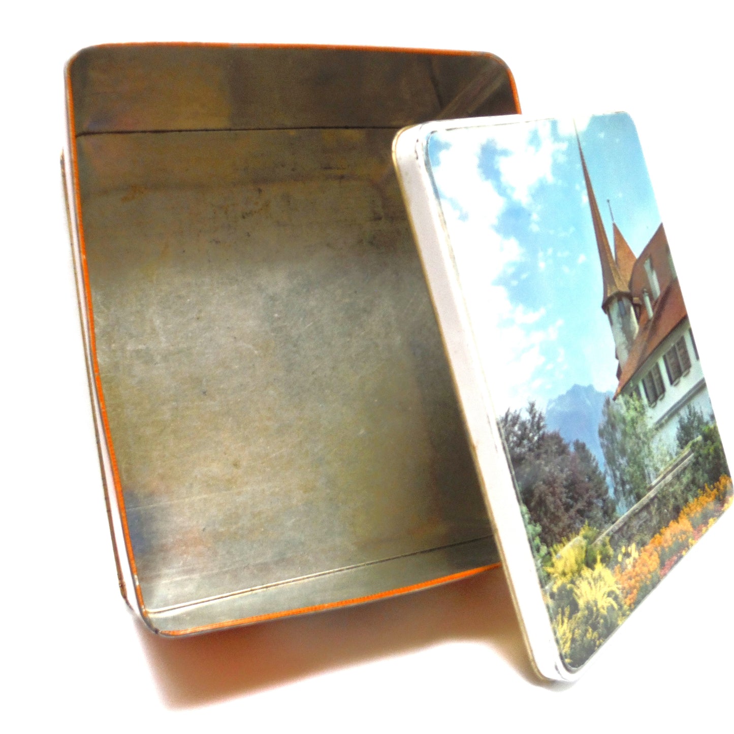 Vintage Square Photographic Tin Container:' EUROPEAN SWISS SPIEZ CASTLE', by Gray Dunn Biscuit Manufacturers of Scotland