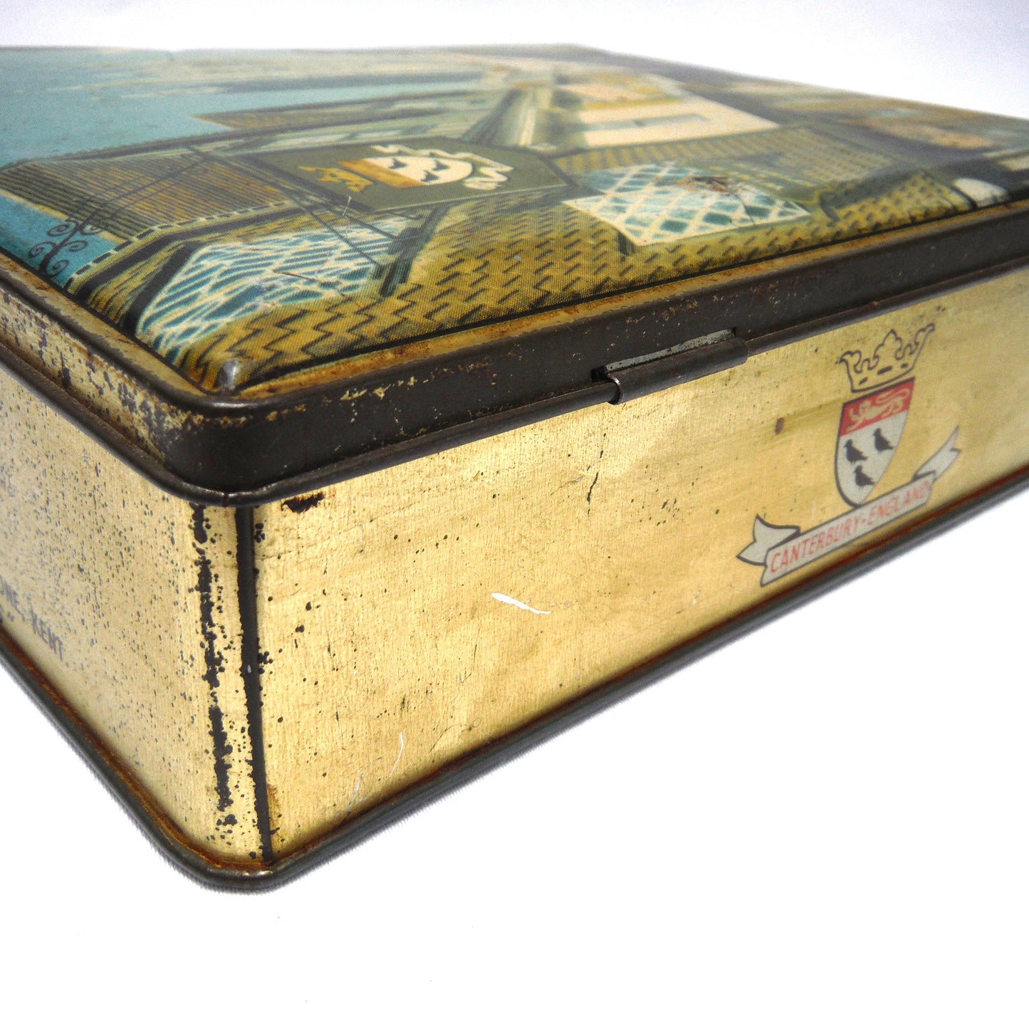 Antique Hinged-Lid Tin Container: 'CANTERBURY-ENGLAND', by Edward Sharp & Sons of Maidstone, Kent
