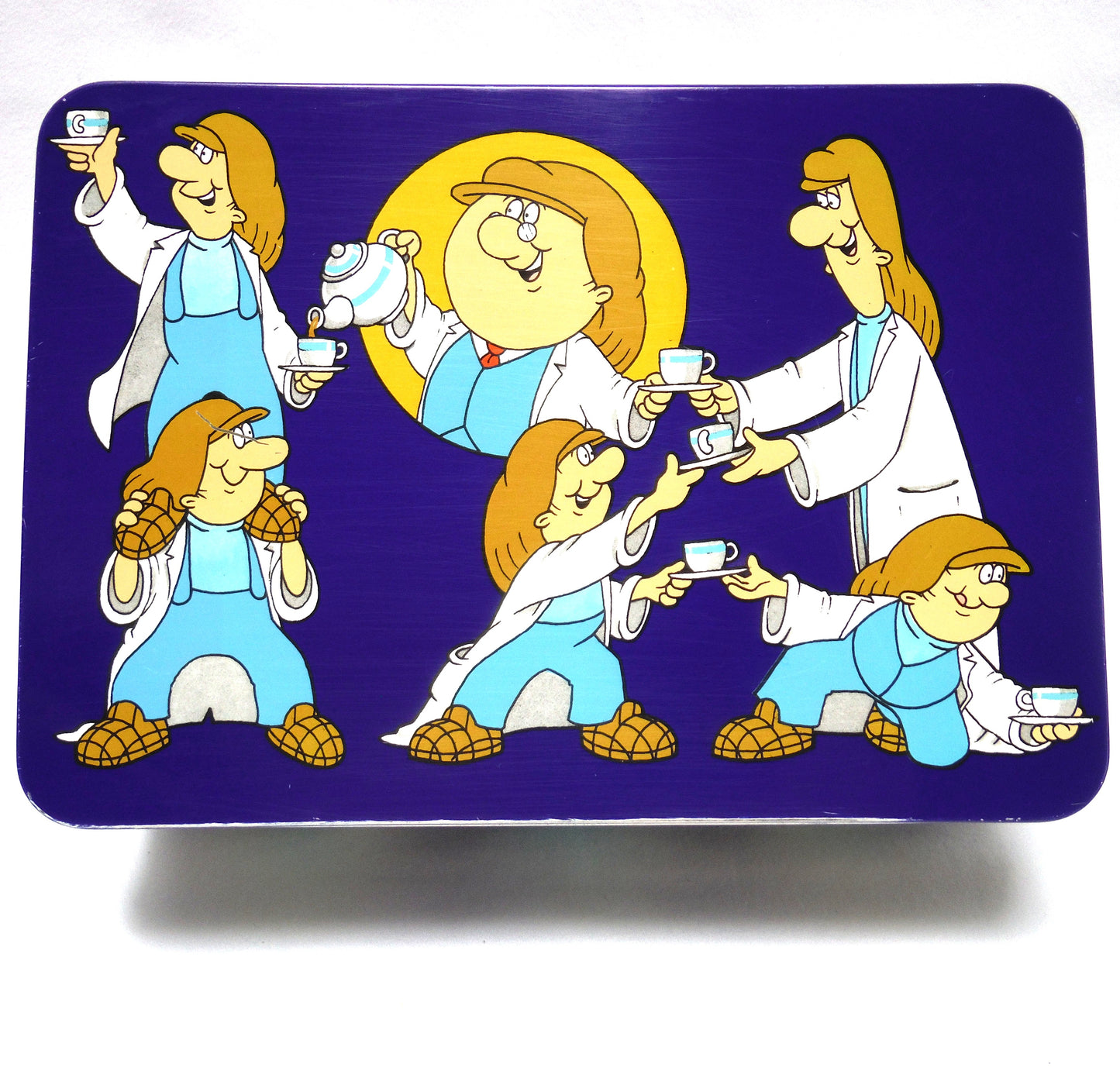 TETLEY TEA VINTAGE TIN: Little Tetley Tea Workers Having a Tea-Time Break and Passing a Cuppa!