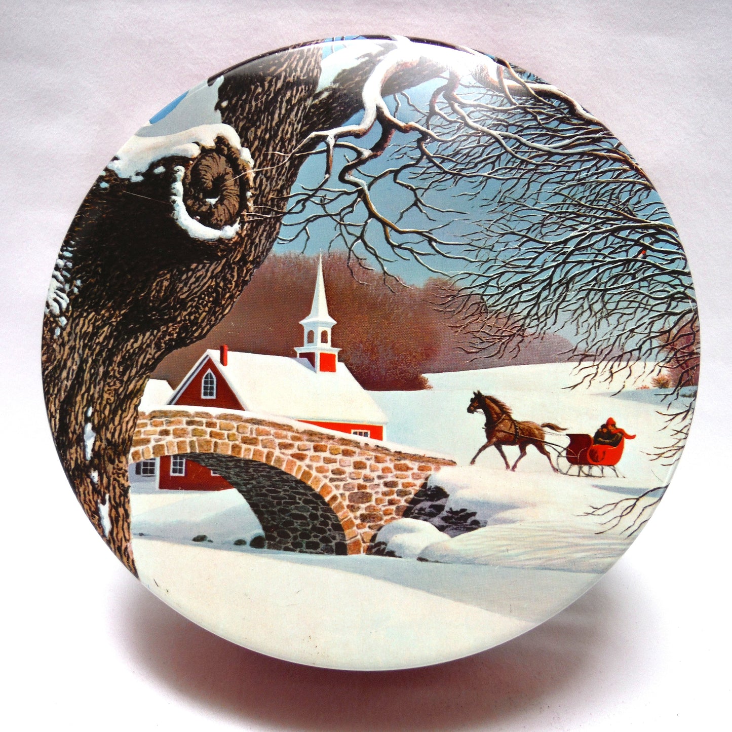 Round Vintage Cookie Cake Tin Christmas Tin: 'Winter Horse-Drawn Carriage Village Countryside Scene'
