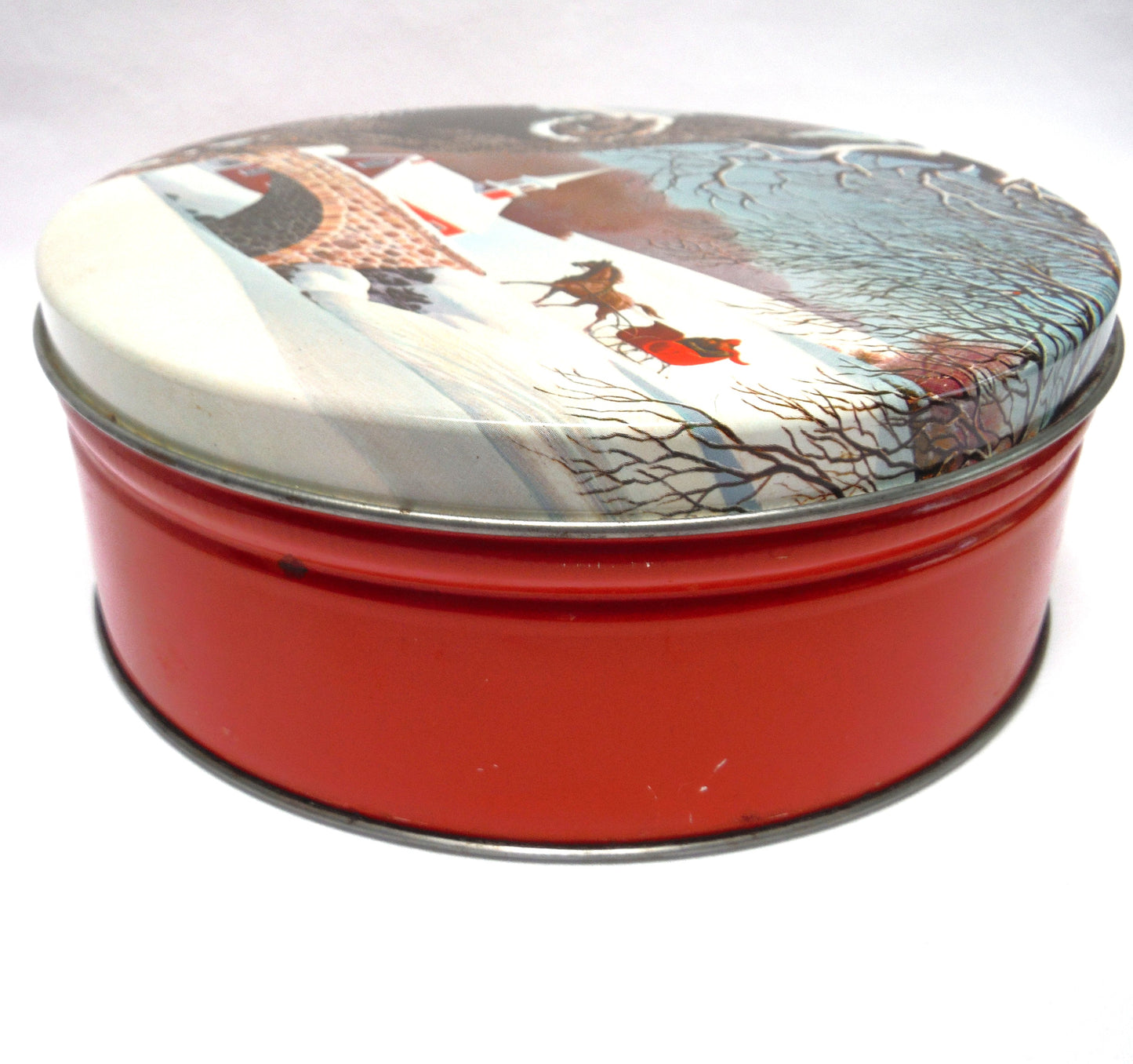 Round Vintage Cookie Cake Tin Christmas Tin: 'Winter Horse-Drawn Carriage Village Countryside Scene'
