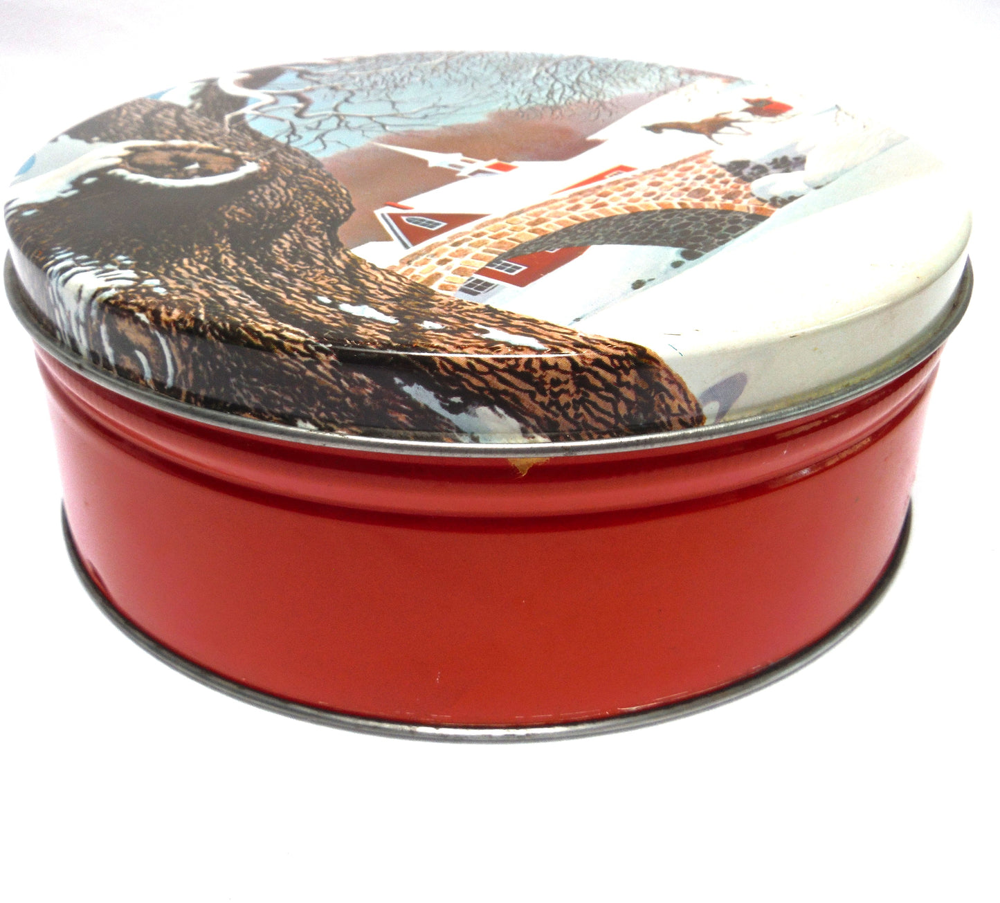 Round Vintage Cookie Cake Tin Christmas Tin: 'Winter Horse-Drawn Carriage Village Countryside Scene'
