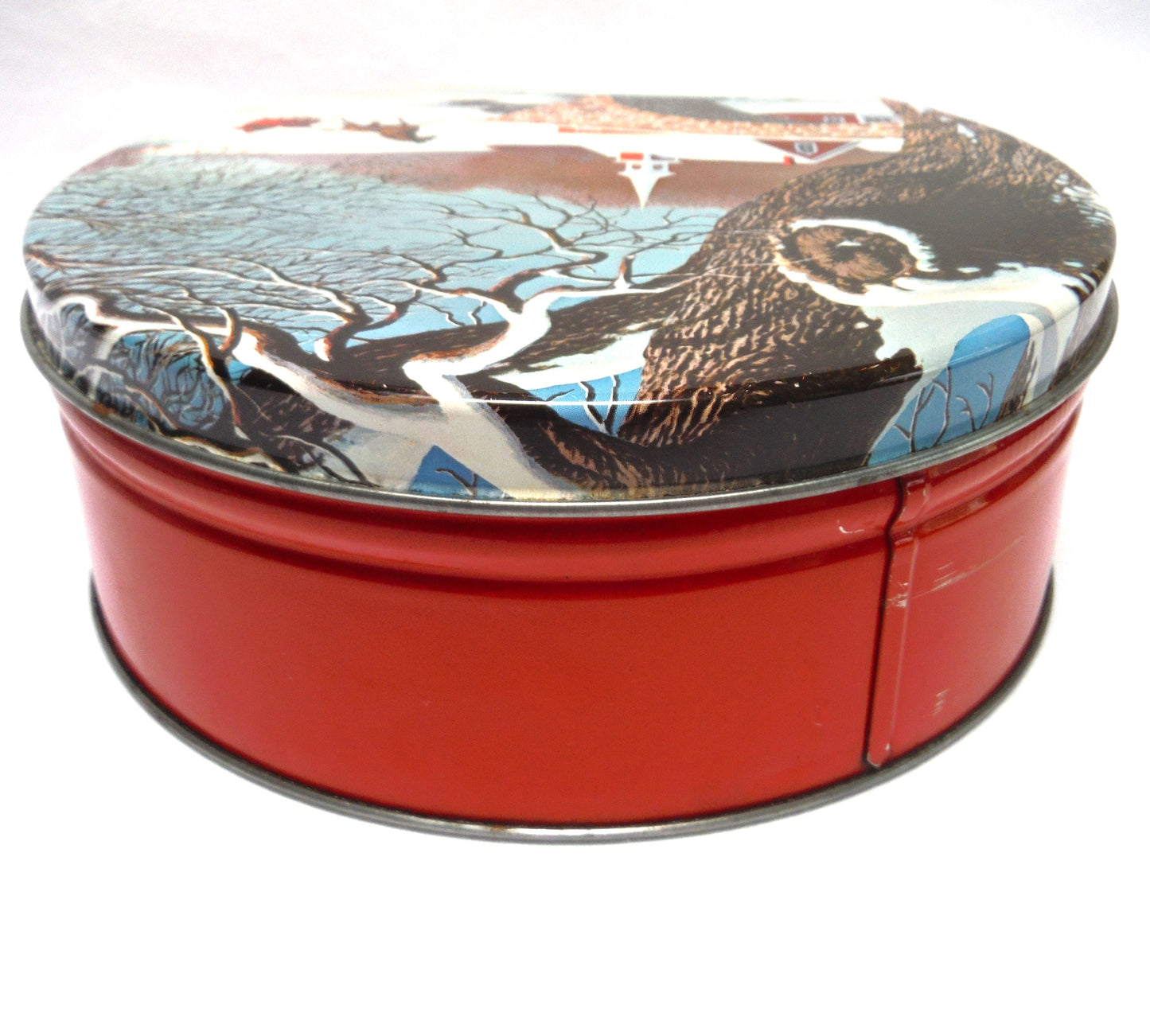 Round Vintage Cookie Cake Tin Christmas Tin: 'Winter Horse-Drawn Carriage Village Countryside Scene'