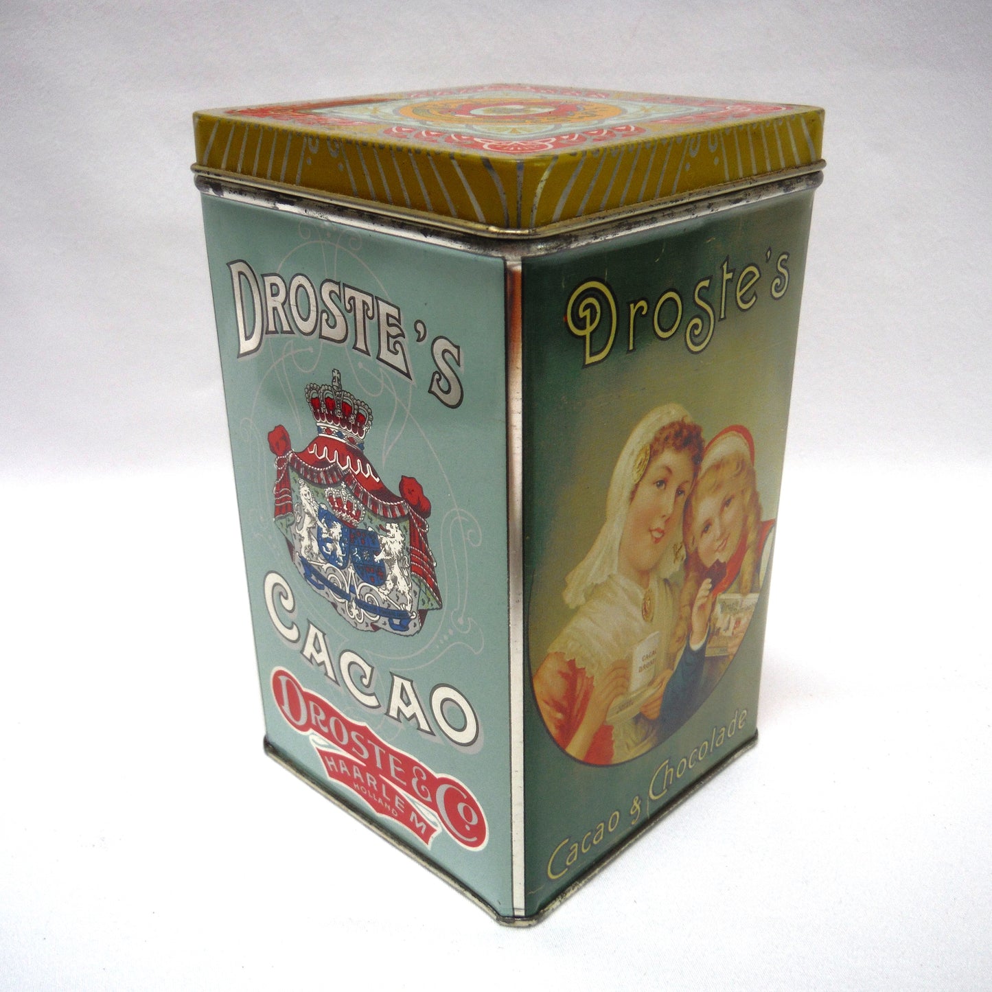 Vintage Droste & Co. Tin Caddy Container of Haarlem, Holland: 'DROSTE'S CACAO and CHOCOLADE'